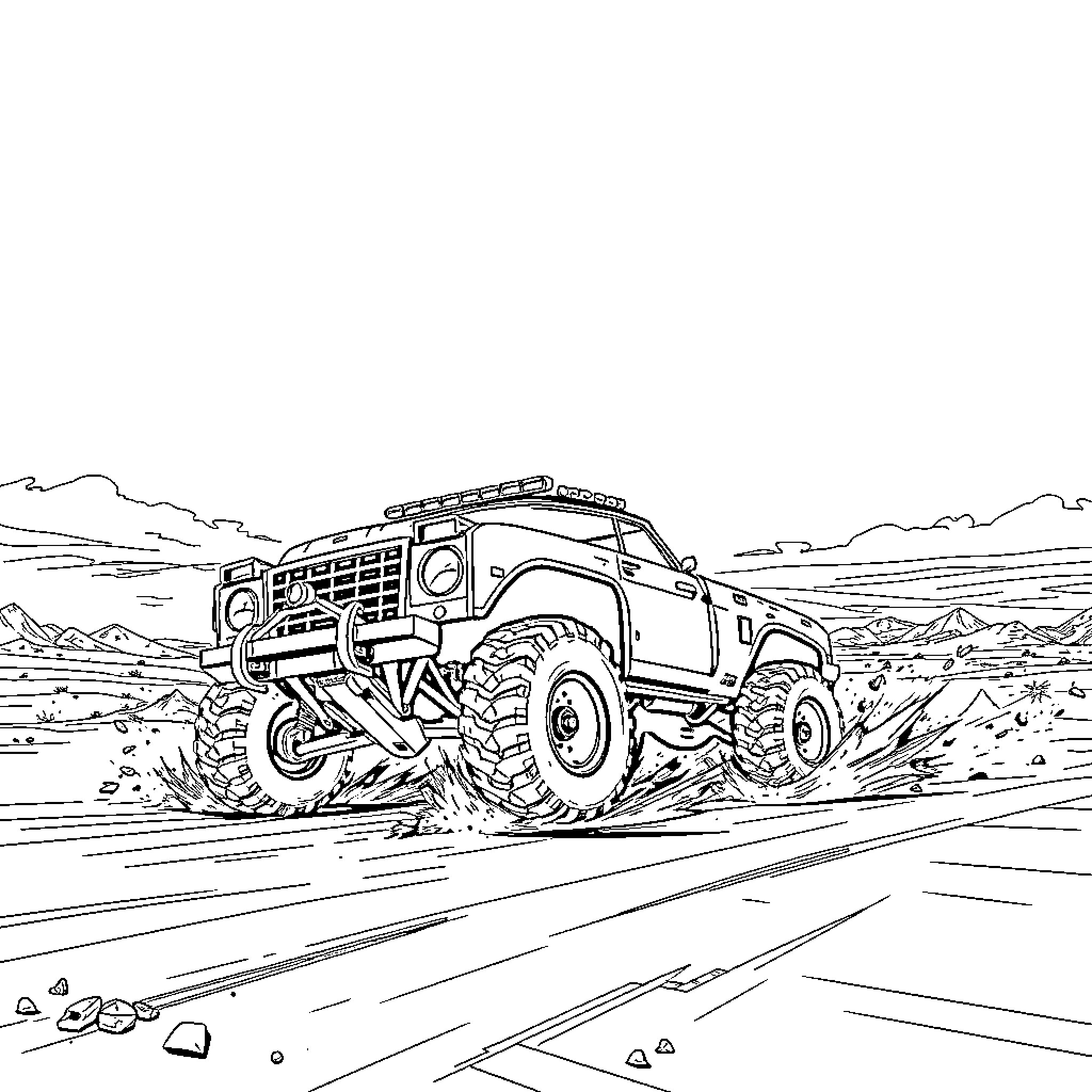 Car off-roading through rugged terrain Coloring Page (free black-and-white line drawing printable PDF for all, from beginners to advanced learners, including children, teens, adults, and seniors)