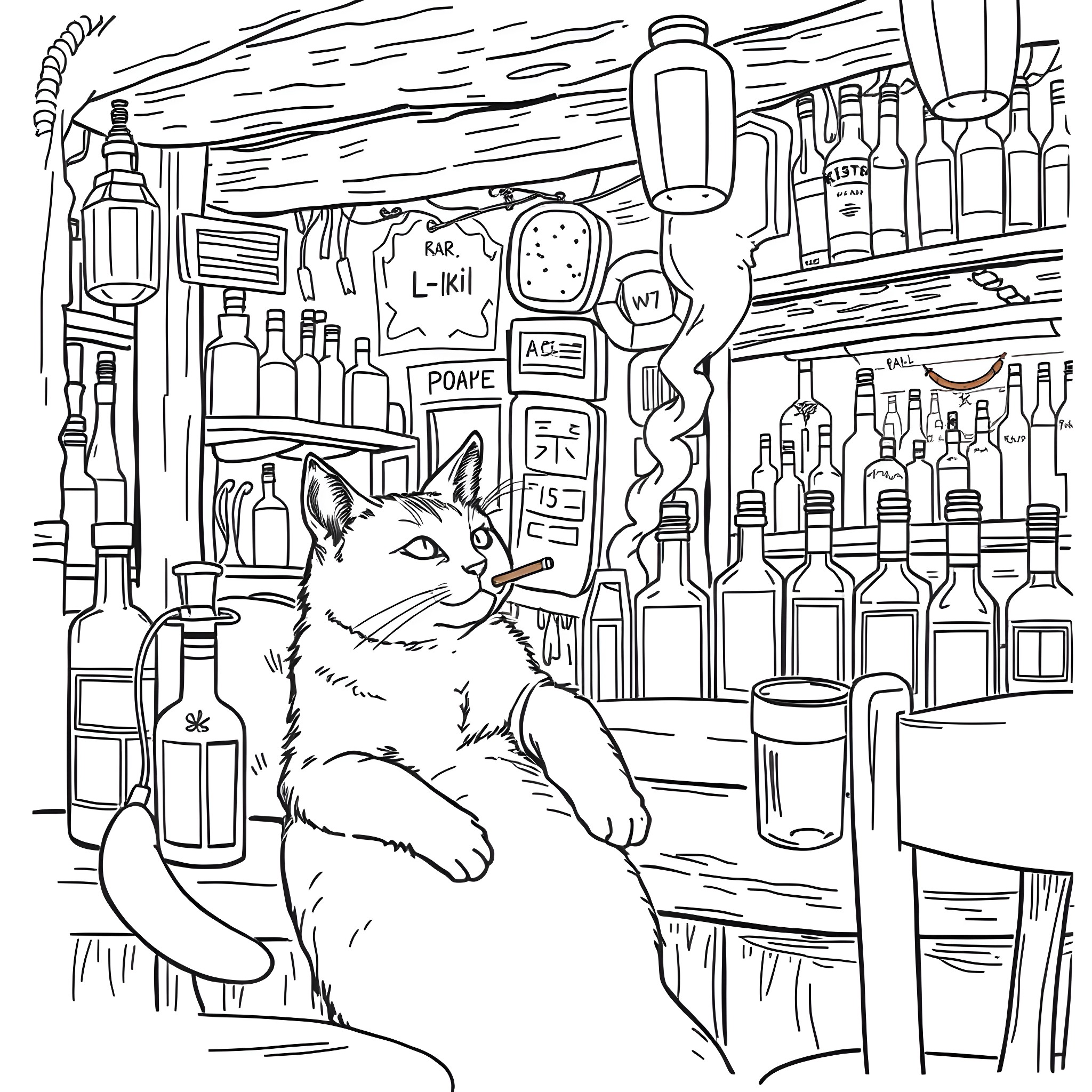 Cat relaxing in a cozy bar Coloring Page (free black-and-white line drawing printable PDF for all, from beginners to advanced learners, including children, teens, adults, and seniors)