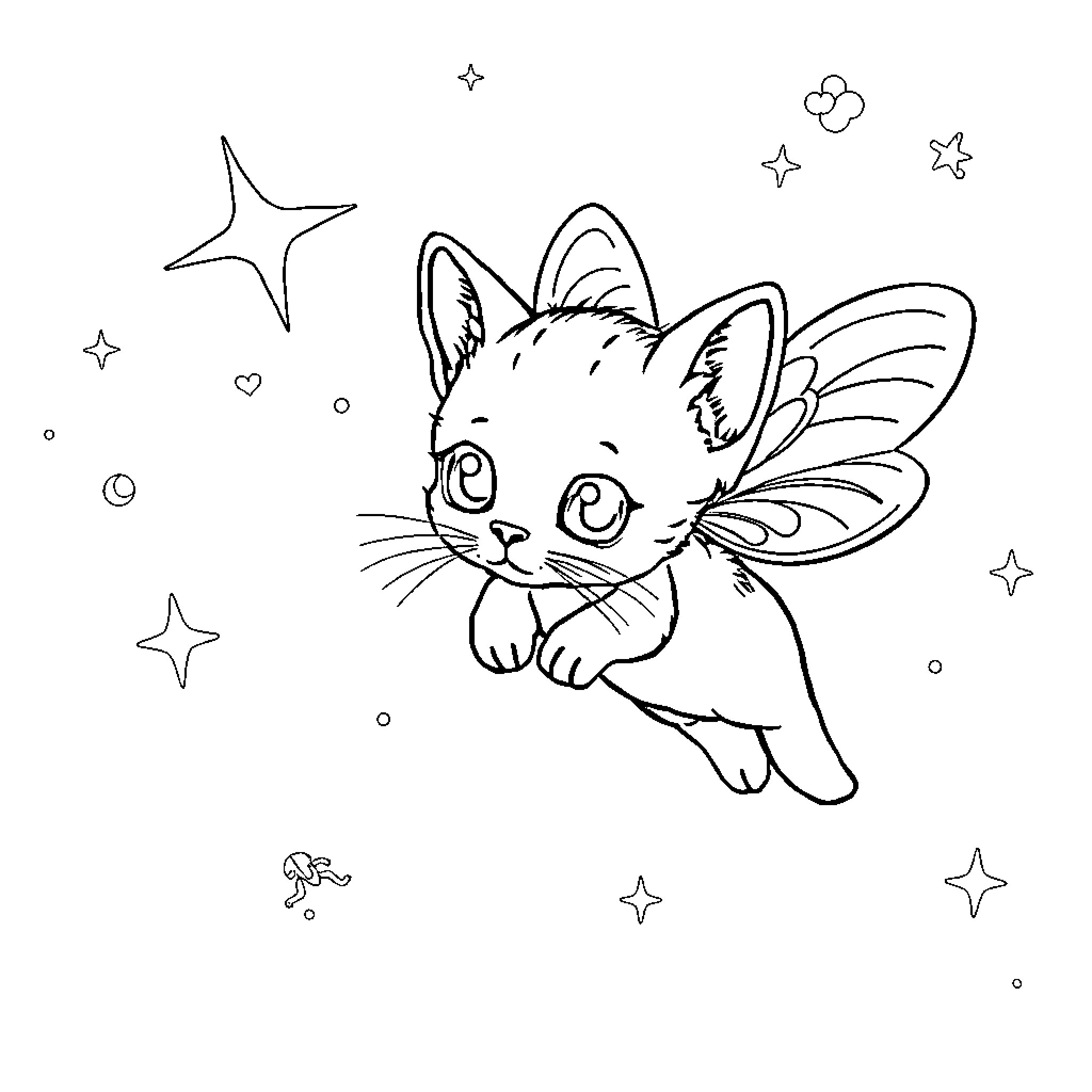 Cat fairy with wings and stars Coloring Page (free black-and-white line drawing printable PDF for all, from beginners to advanced learners, including children, teens, adults, and seniors)