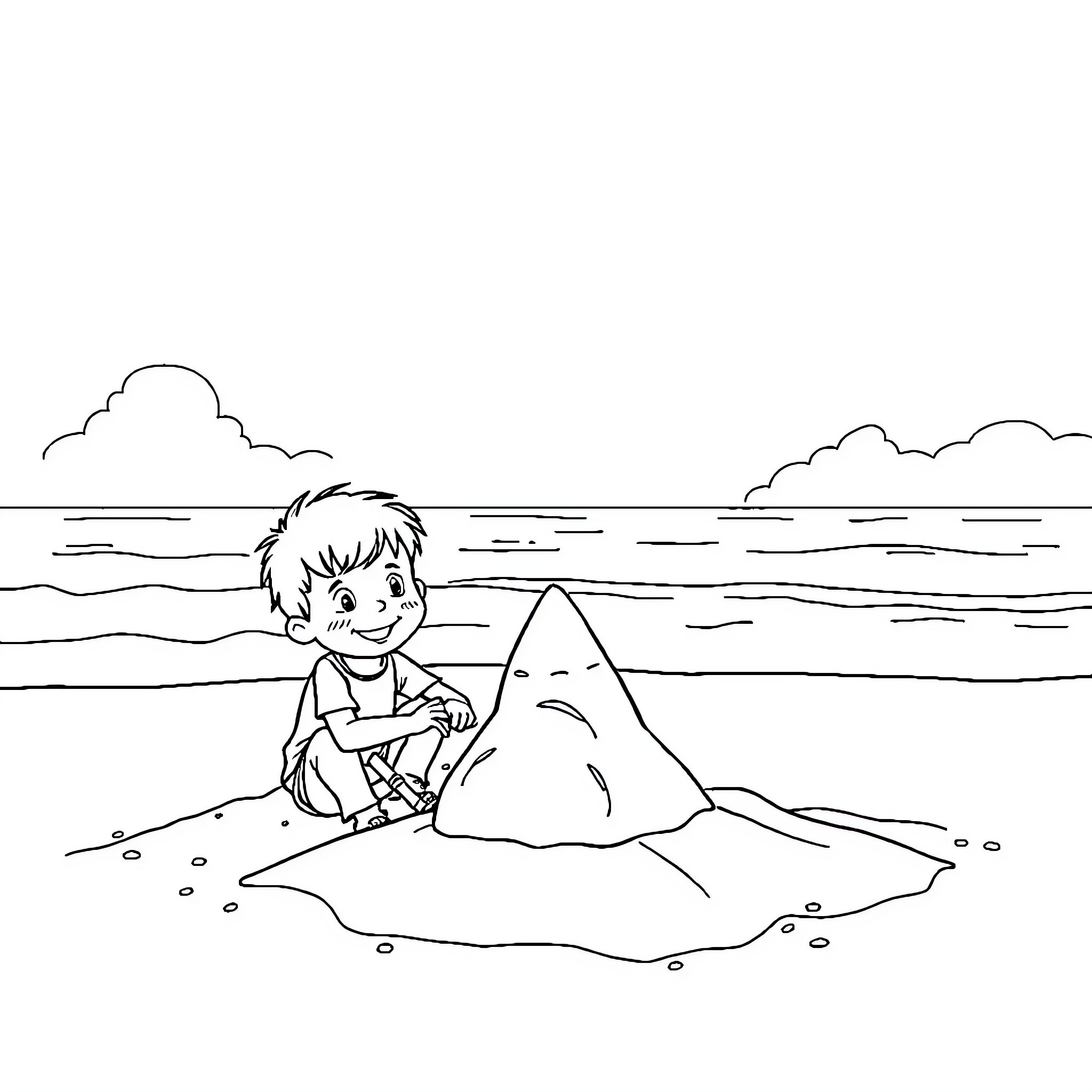Child Playing in the Sand by the Sea Coloring Page (free black-and-white line drawing printable PDF for all, from beginners to advanced learners, including children, teens, adults, and seniors)