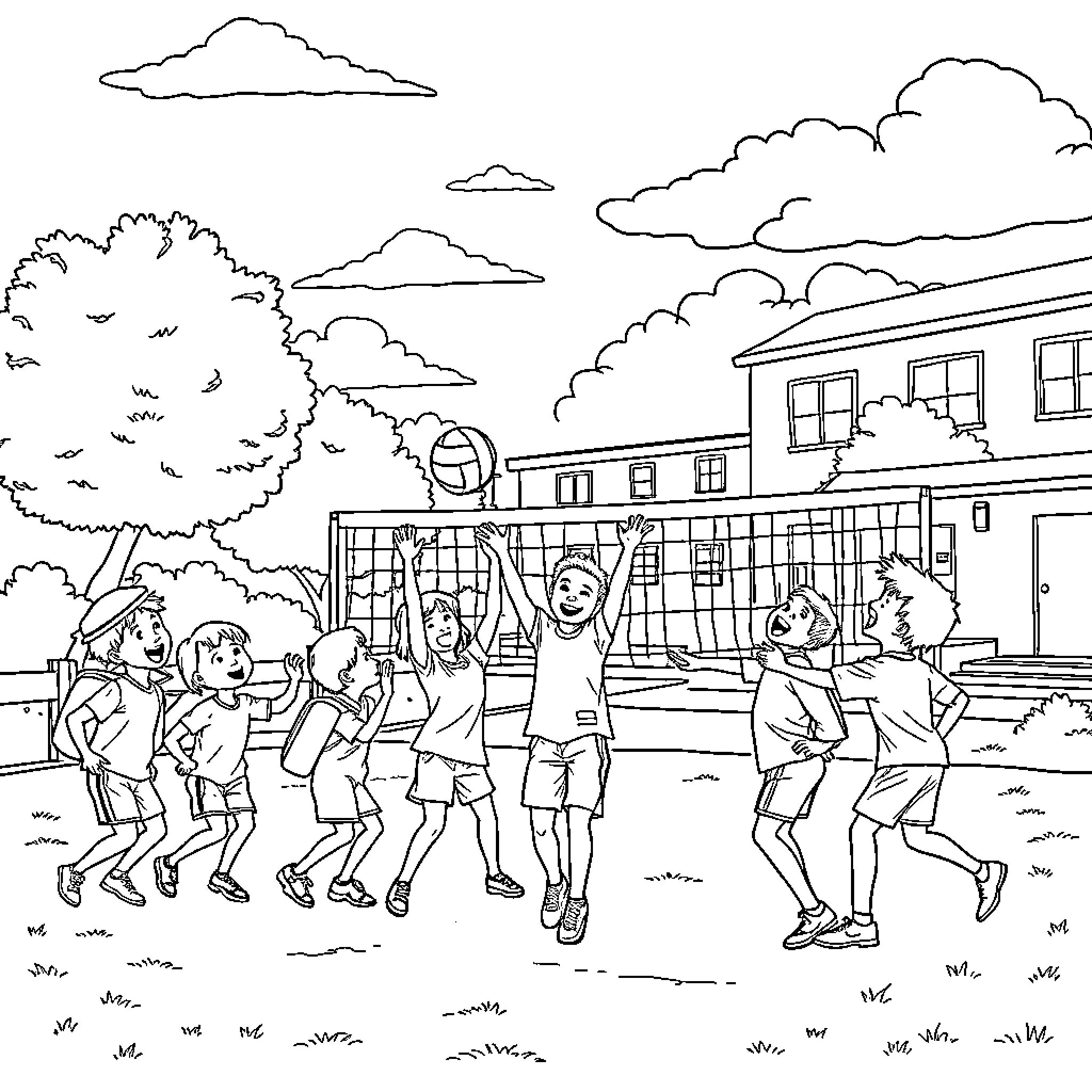 Kids playing basketball at the school yard Coloring Page (free black-and-white line drawing printable PDF for all, from beginners to advanced learners, including children, teens, adults, and seniors)