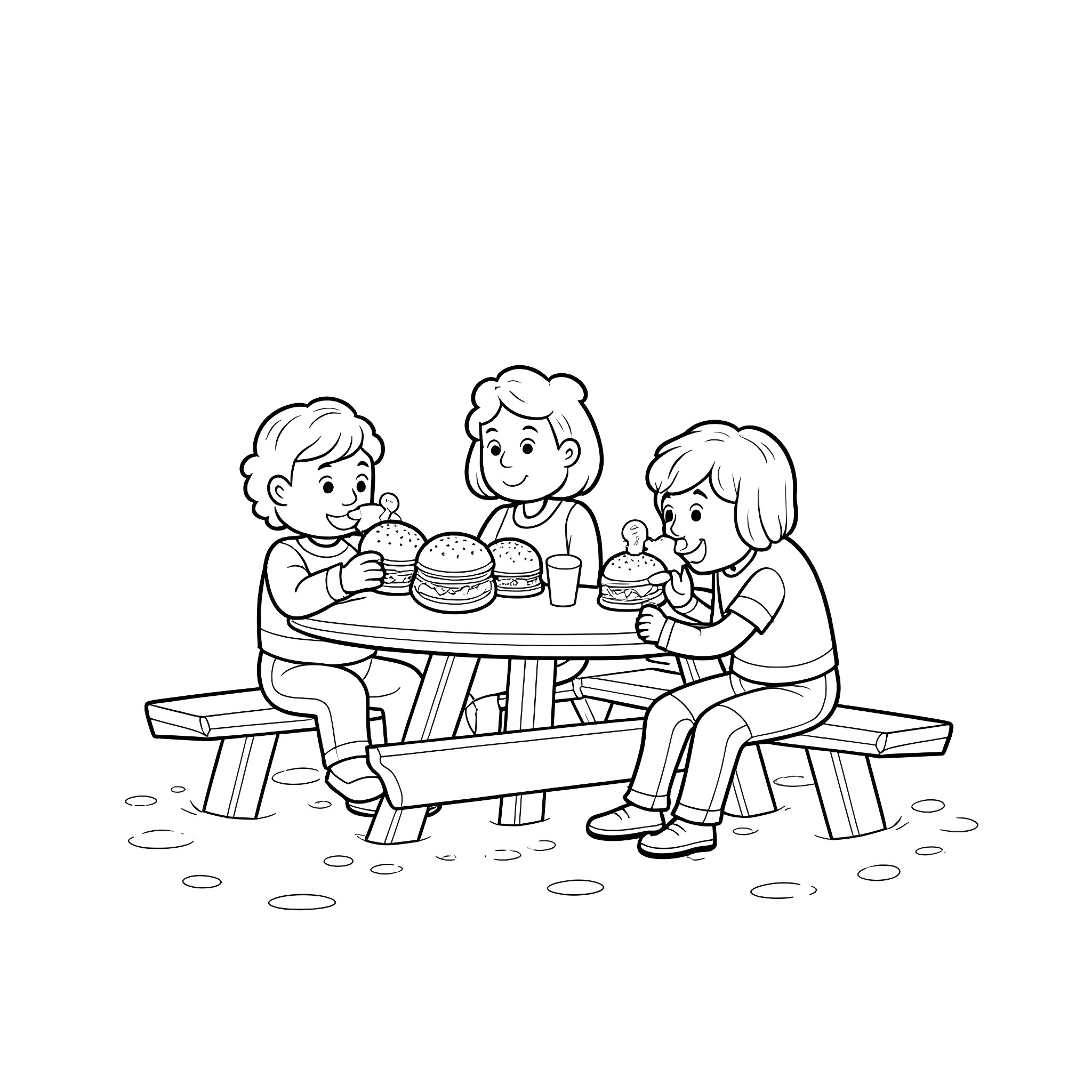 Hamburger picnic with happy family Coloring Page (free black-and-white line drawing printable PDF for all, from beginners to advanced learners, including children, teens, adults, and seniors)