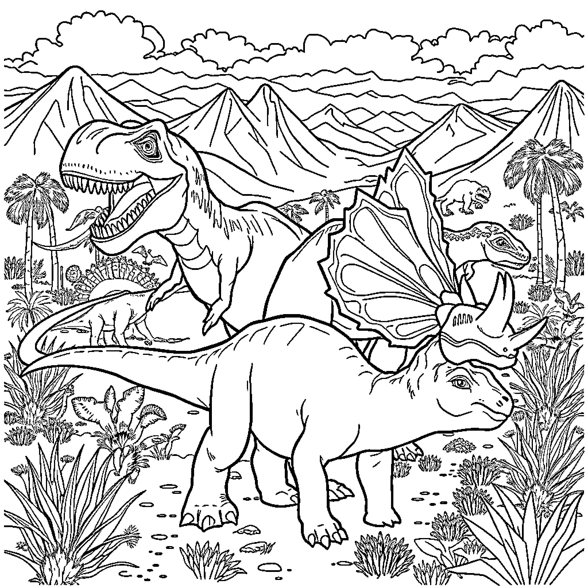Dinosaurs roaming in a prehistoric landscape Coloring Page (free black-and-white line drawing printable PDF for all, from beginners to advanced learners, including children, teens, adults, and seniors)