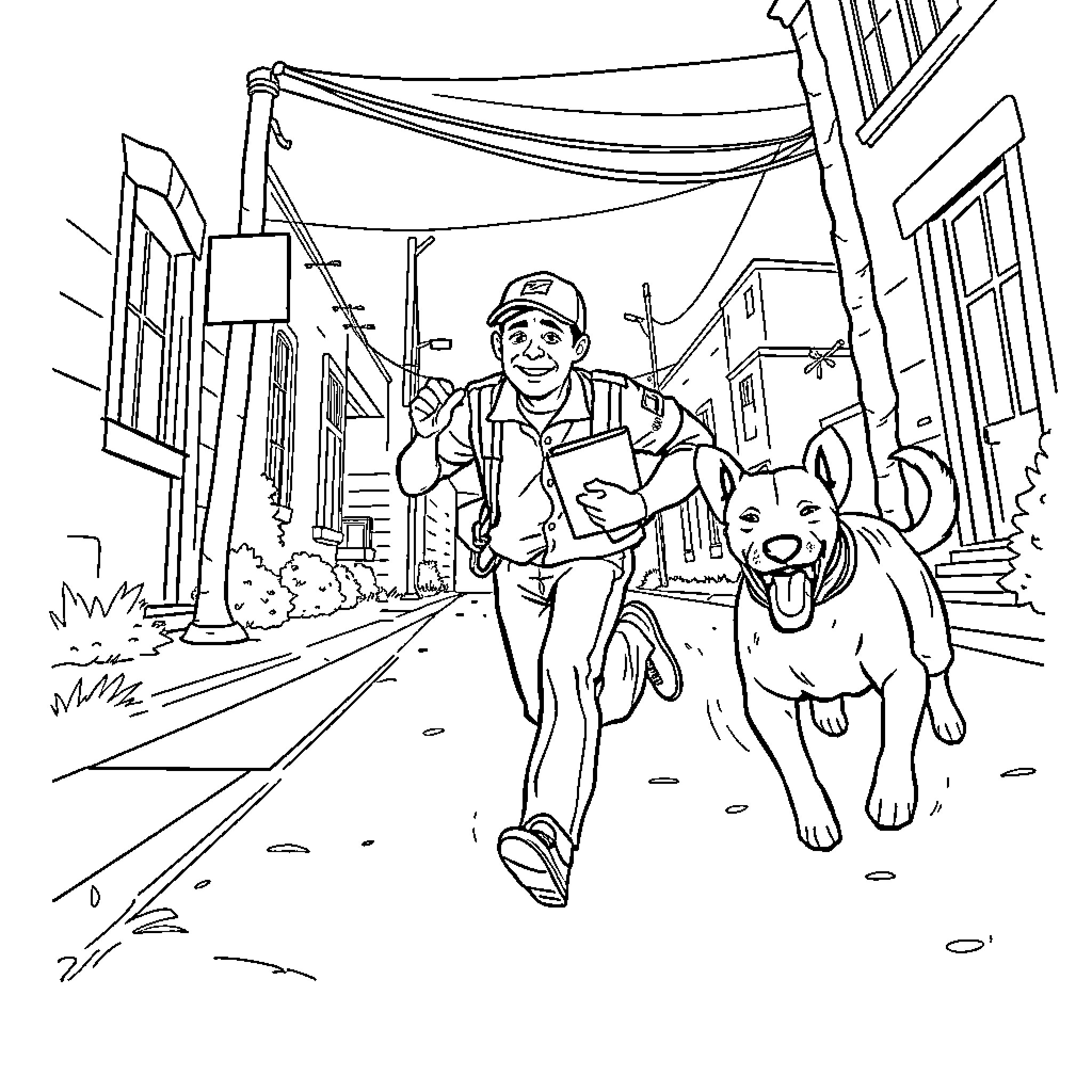 Mailman delivering mail with his friendly dog Coloring Page (free black-and-white line drawing printable PDF for all, from beginners to advanced learners, including children, teens, adults, and seniors)