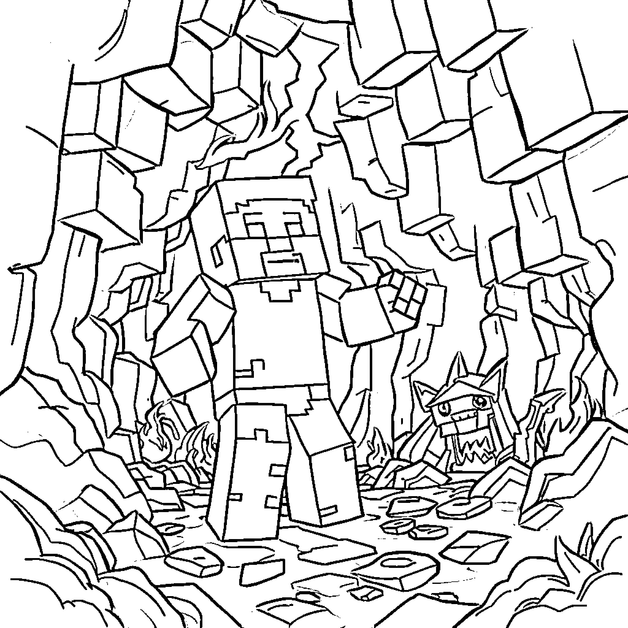 Steve explores a mysterious cave landscape Coloring Page (free black-and-white line drawing printable PDF for all, from beginners to advanced learners, including children, teens, adults, and seniors)