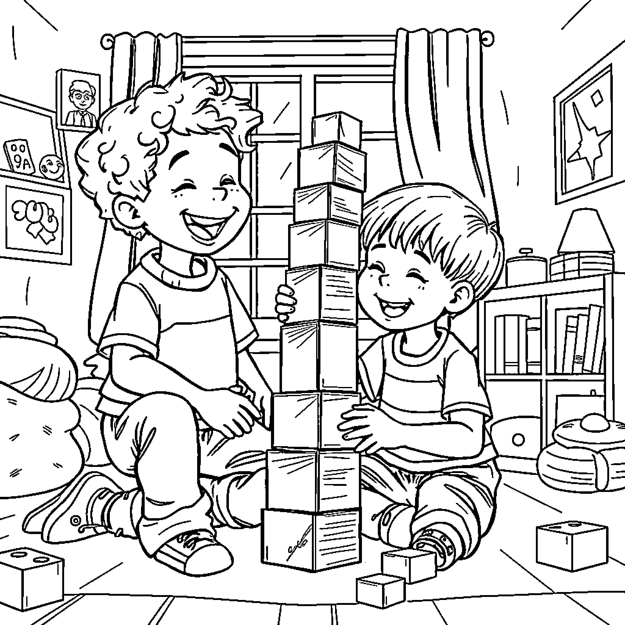 Boy Building Blocks with Friend in Playroom Coloring Page (free black-and-white line drawing printable PDF for all, from beginners to advanced learners, including children, teens, adults, and seniors)