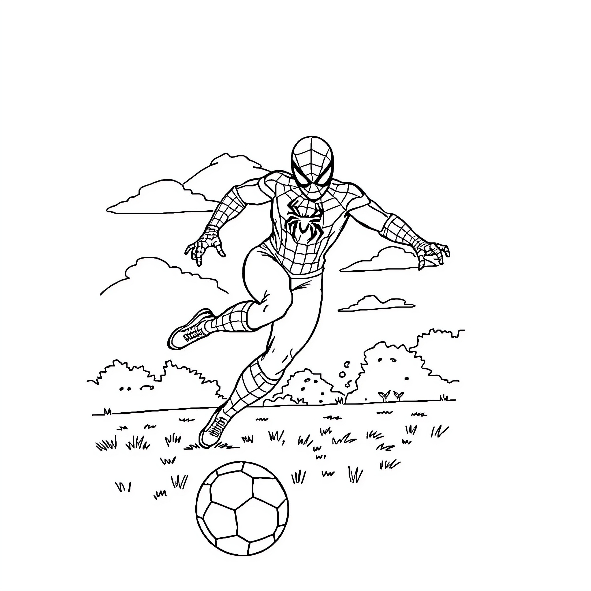 Spiderman playing soccer in the park Coloring Page (free black-and-white line drawing printable PDF for all, from beginners to advanced learners, including children, teens, adults, and seniors)