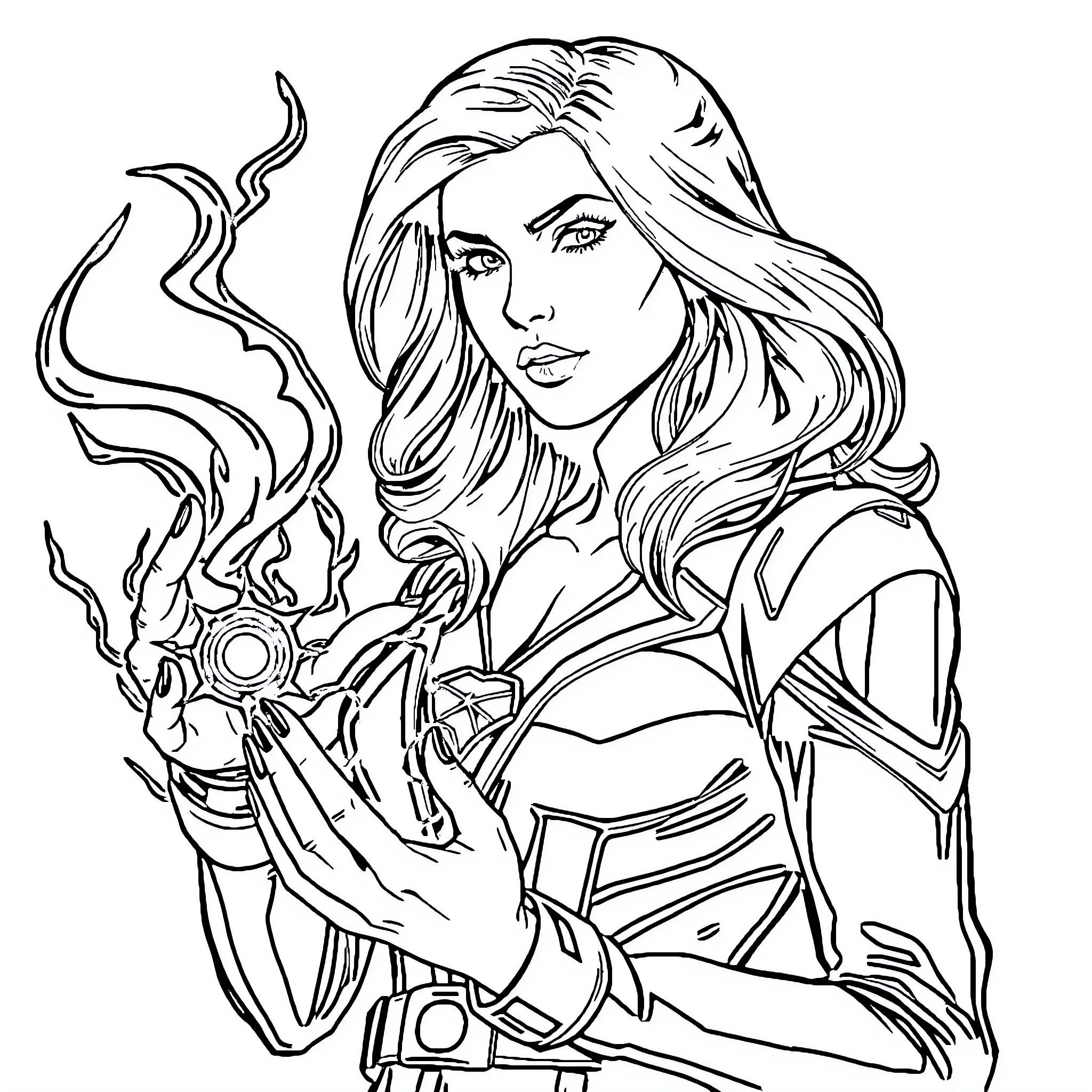 Wanda Maximoff wielding magical powers Coloring Page (free black-and-white line drawing printable PDF for all, from beginners to advanced learners, including children, teens, adults, and seniors)