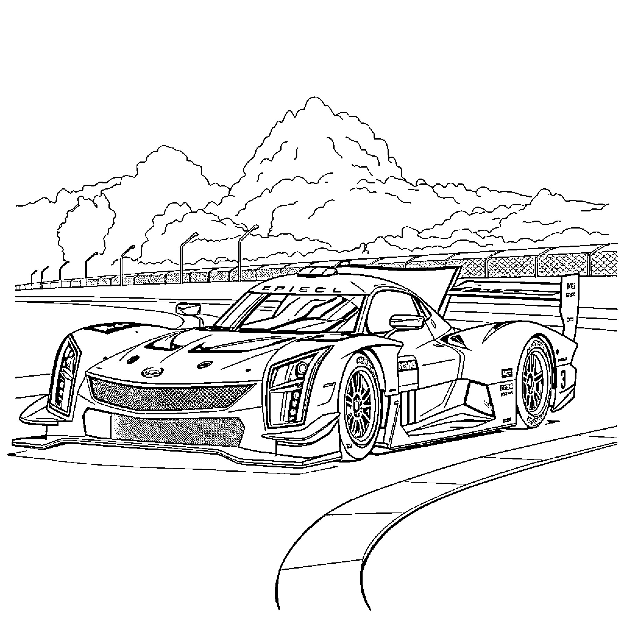 Cadillac racing car on the track with mountains Coloring Page (free black-and-white line drawing printable PDF for all, from beginners to advanced learners, including children, teens, adults, and seniors)