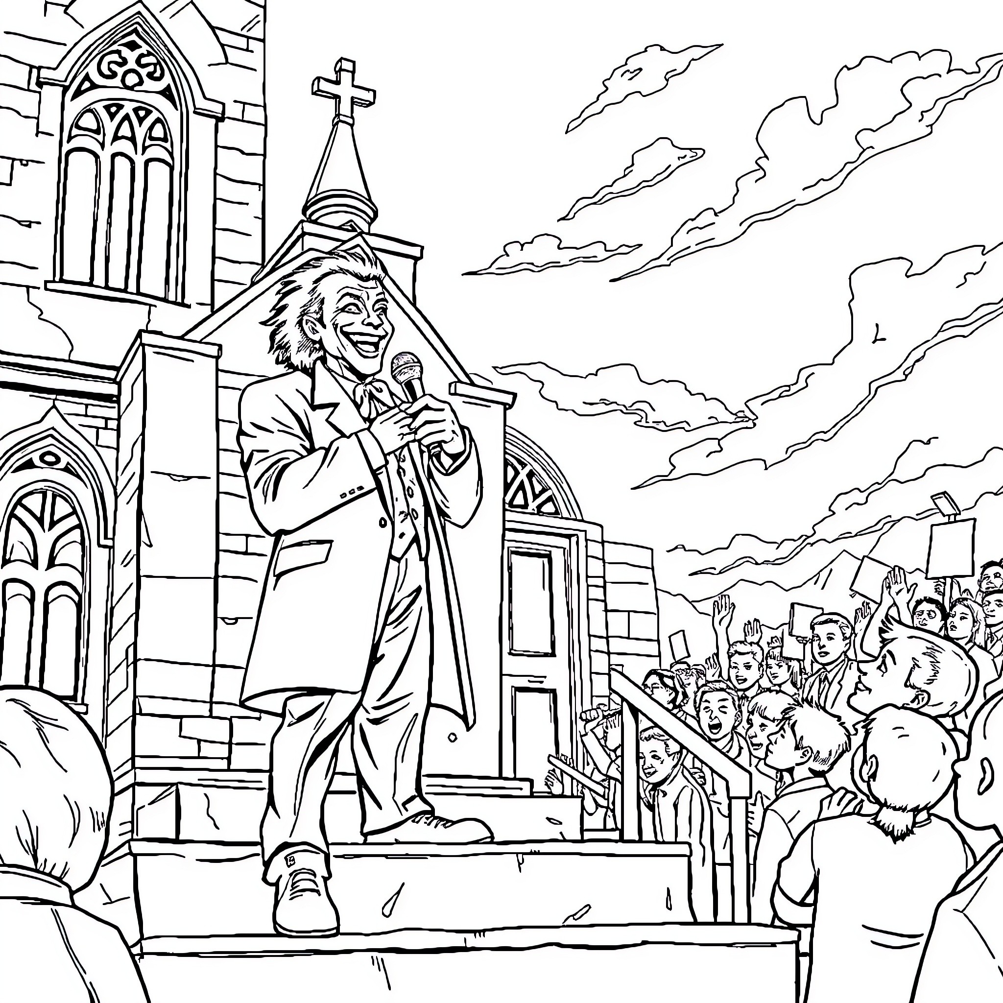 Joker spreading laughter and chaos at a church Coloring Page (free black-and-white line drawing printable PDF for all, from beginners to advanced learners, including children, teens, adults, and seniors)