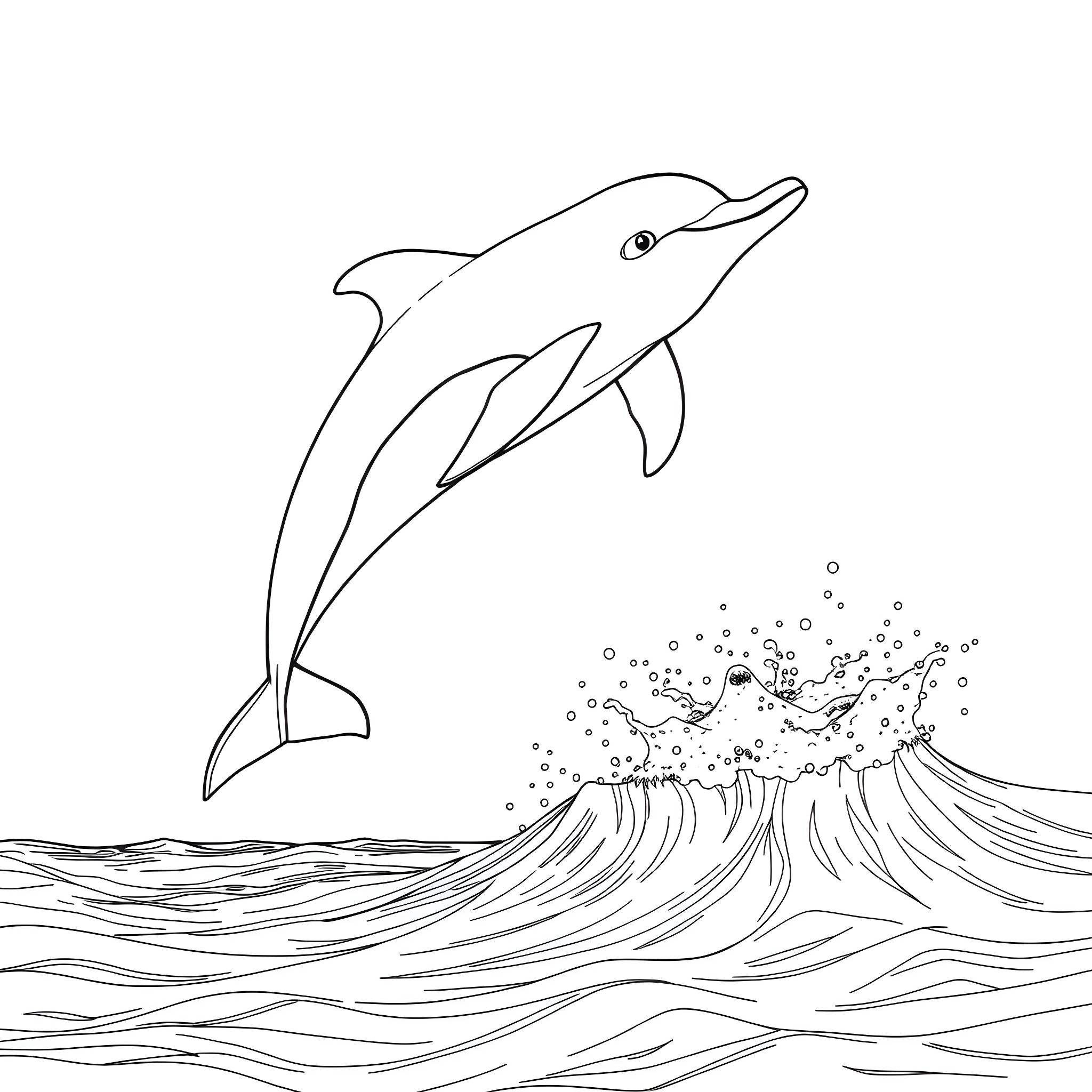 Dolphin jumping over waves Coloring Page (free black-and-white line drawing printable PDF for all, from beginners to advanced learners, including children, teens, adults, and seniors)