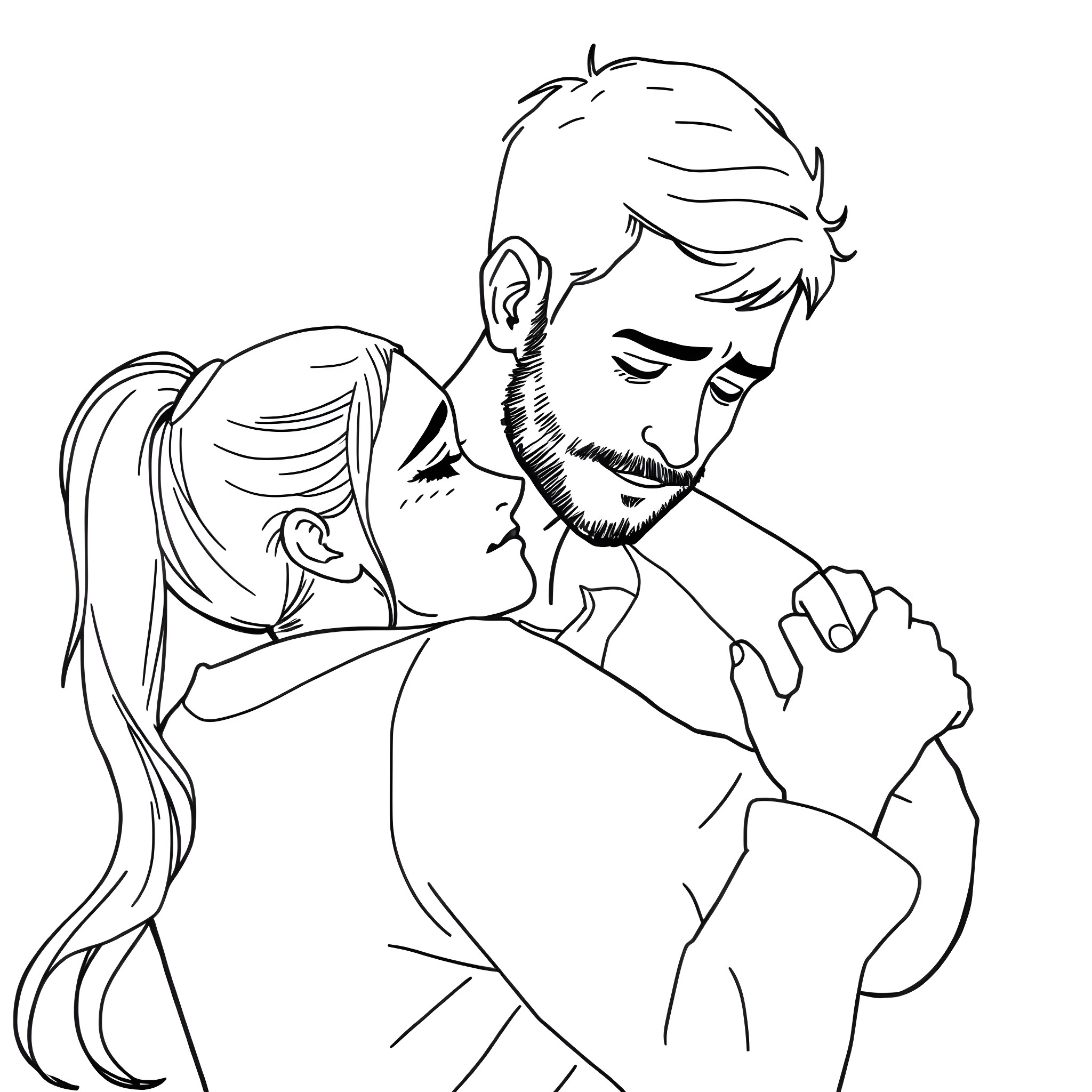 Man embracing his loved one affectionately Coloring Page (free black-and-white line drawing printable PDF for all, from beginners to advanced learners, including children, teens, adults, and seniors)