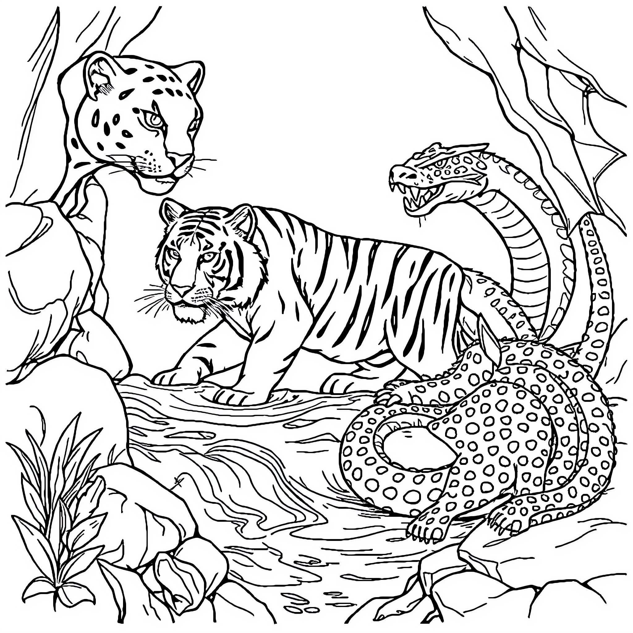 Panther and Tiger Encounter in the Wild Coloring Page (free black-and-white line drawing printable PDF for all, from beginners to advanced learners, including children, teens, adults, and seniors)