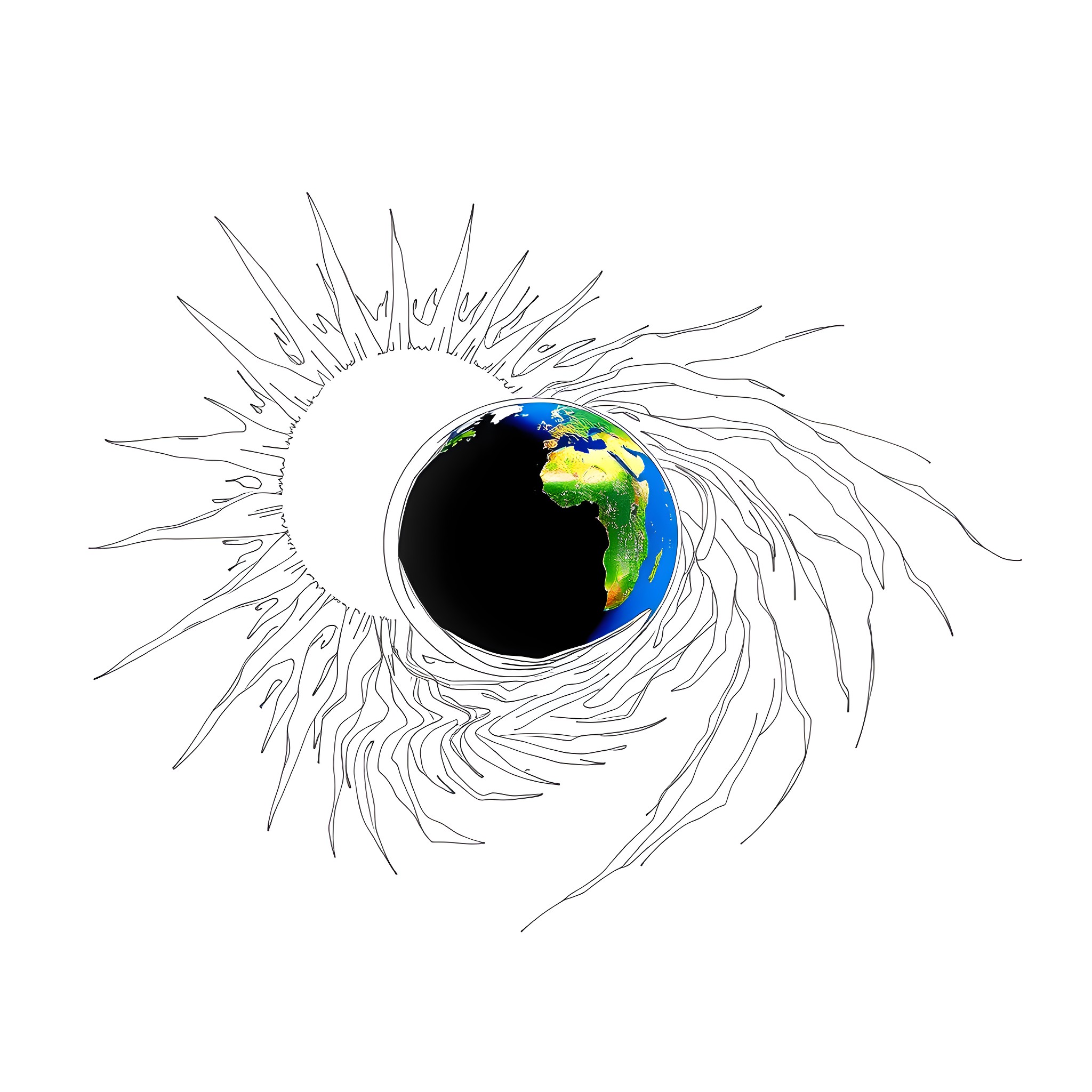 Sun shining over the planet Earth Coloring Page (free black-and-white line drawing printable PDF for all, from beginners to advanced learners, including children, teens, adults, and seniors)