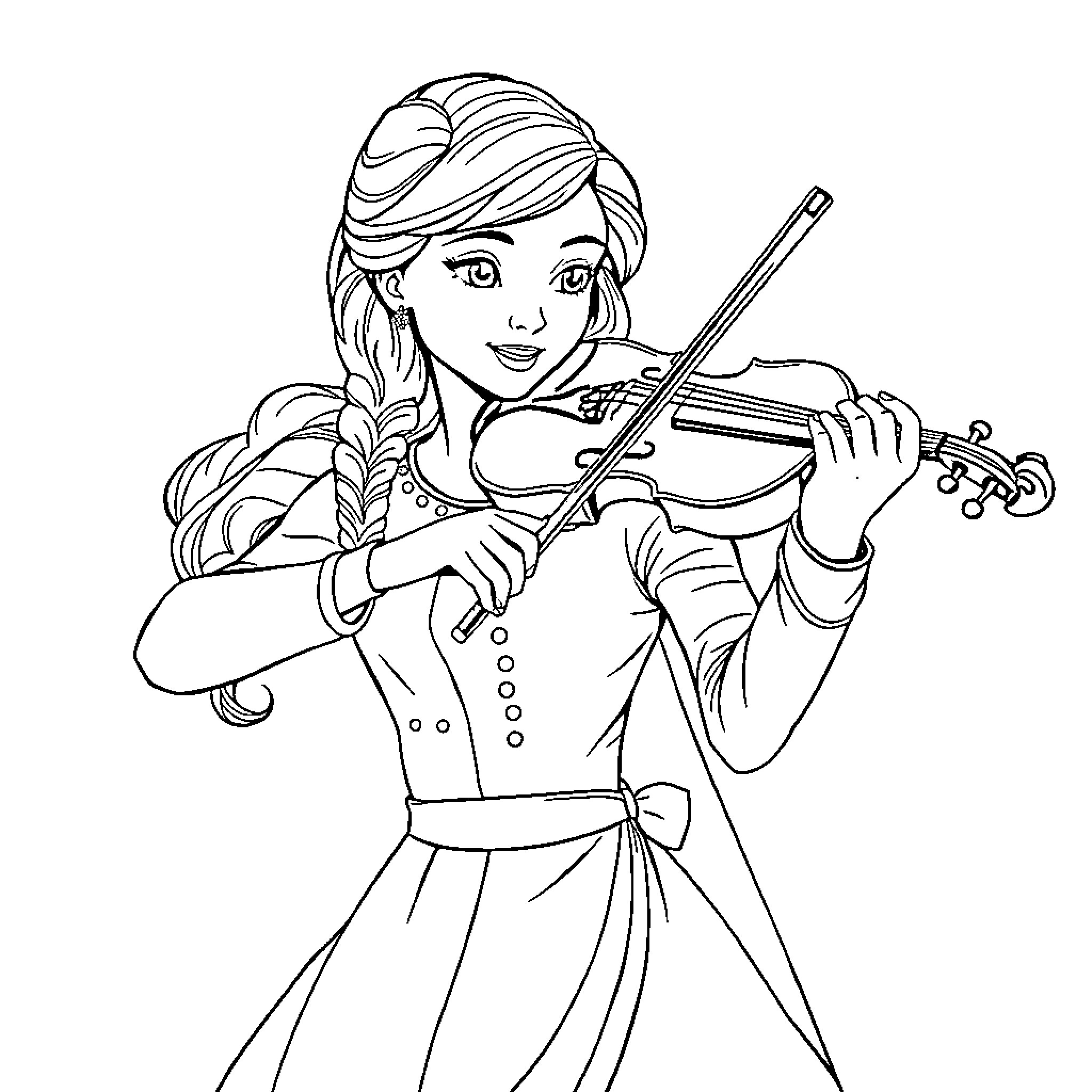 Anna playing violin with joy and passion Coloring Page (free black-and-white line drawing printable PDF for all, from beginners to advanced learners, including children, teens, adults, and seniors)