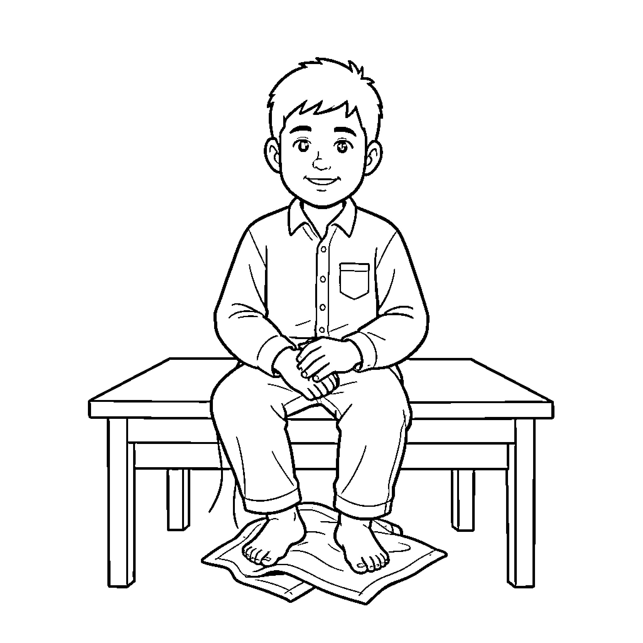 Kep Bob sitting calmly on a wooden bench Coloring Page (free black-and-white line drawing printable PDF for all, from beginners to advanced learners, including children, teens, adults, and seniors)