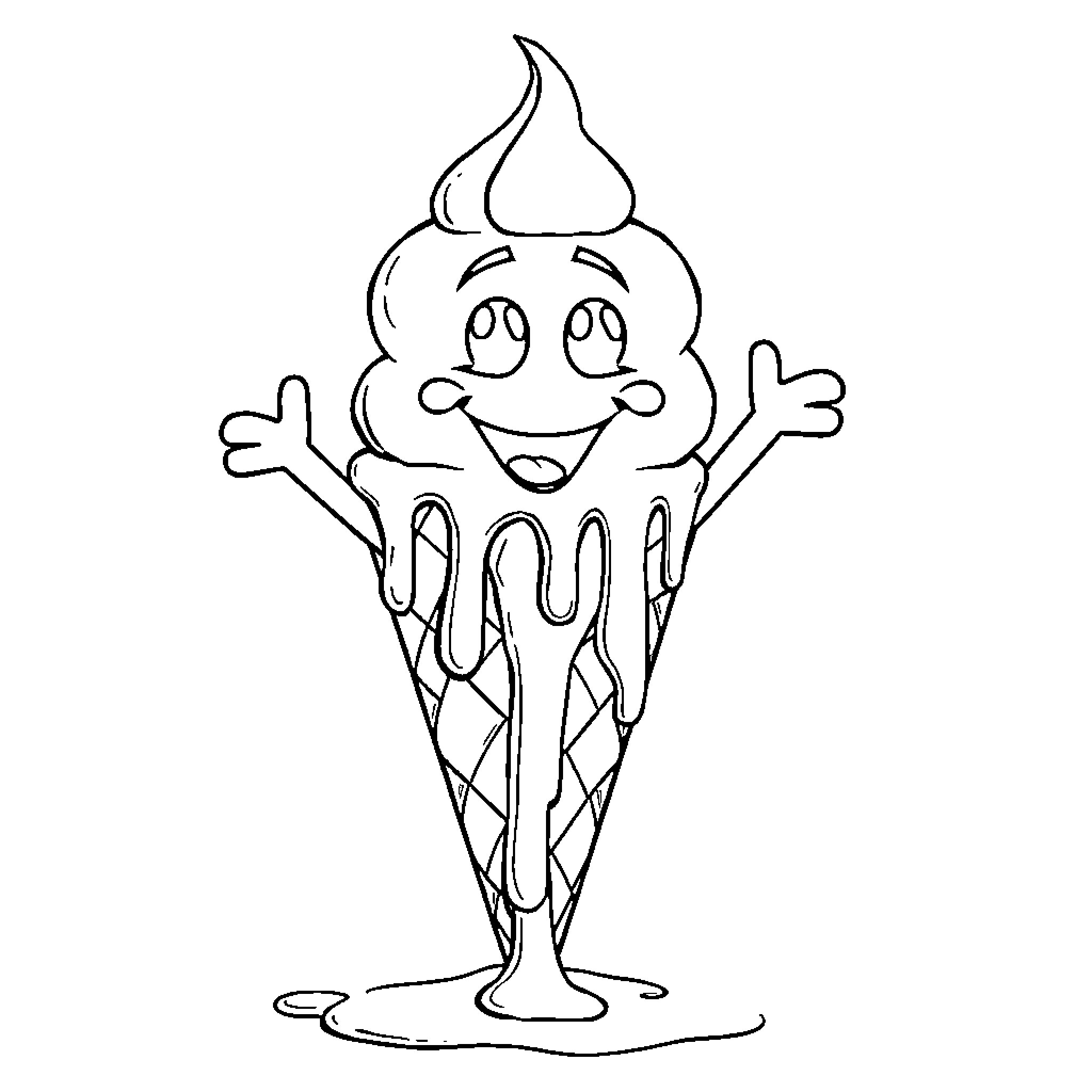 Ice Cream Cone with Happy Smiling Expression Coloring Page (free black-and-white line drawing printable PDF for all, from beginners to advanced learners, including children, teens, adults, and seniors)