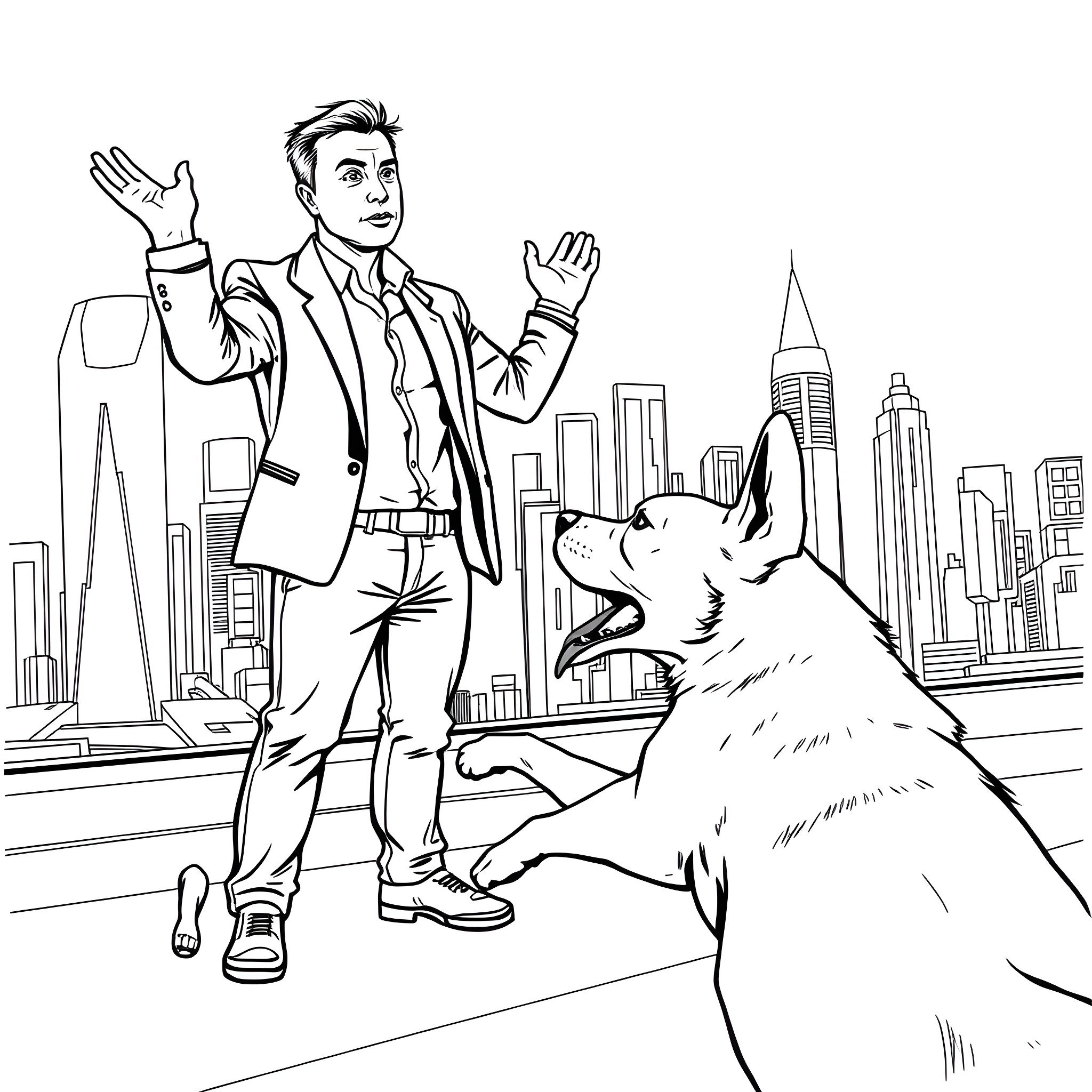 Dog and Businessman in City Skyline Coloring Page (free black-and-white line drawing printable PDF for all, from beginners to advanced learners, including children, teens, adults, and seniors)