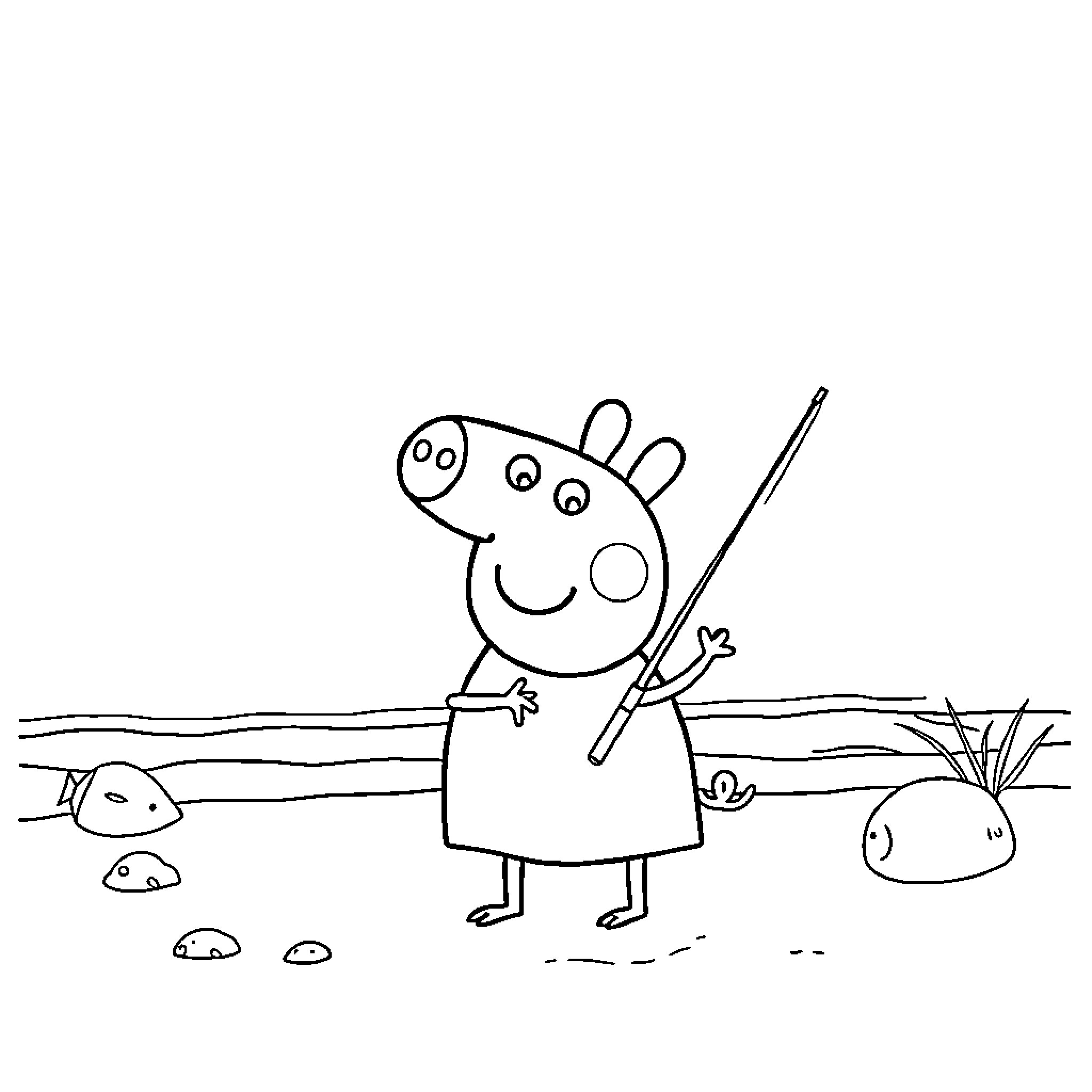 Peppa Pig exploring the outdoors with enthusiasm Coloring Page (free black-and-white line drawing printable PDF for all, from beginners to advanced learners, including children, teens, adults, and seniors)
