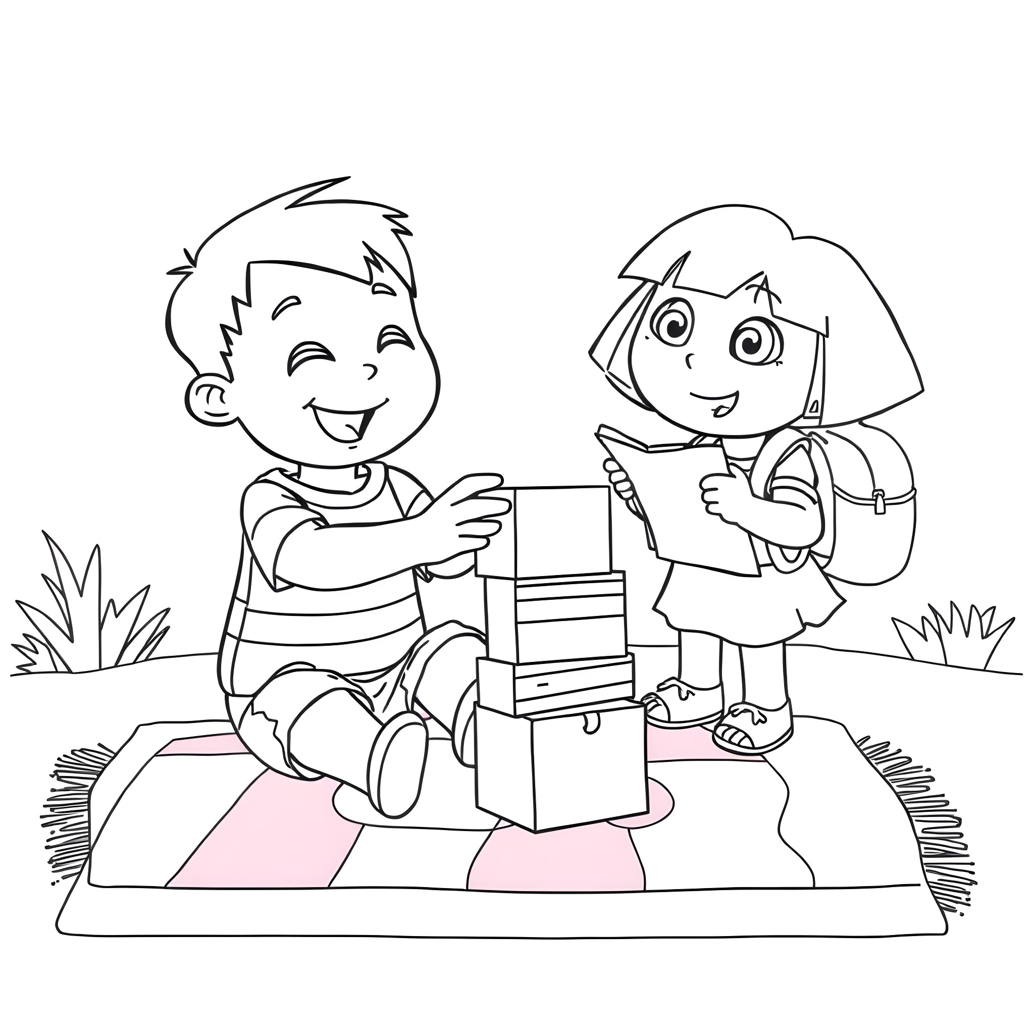Tommy Pickles and Dora the Explorer playing together happily Coloring Page (free black-and-white line drawing printable PDF for all, from beginners to advanced learners, including children, teens, adults, and seniors)