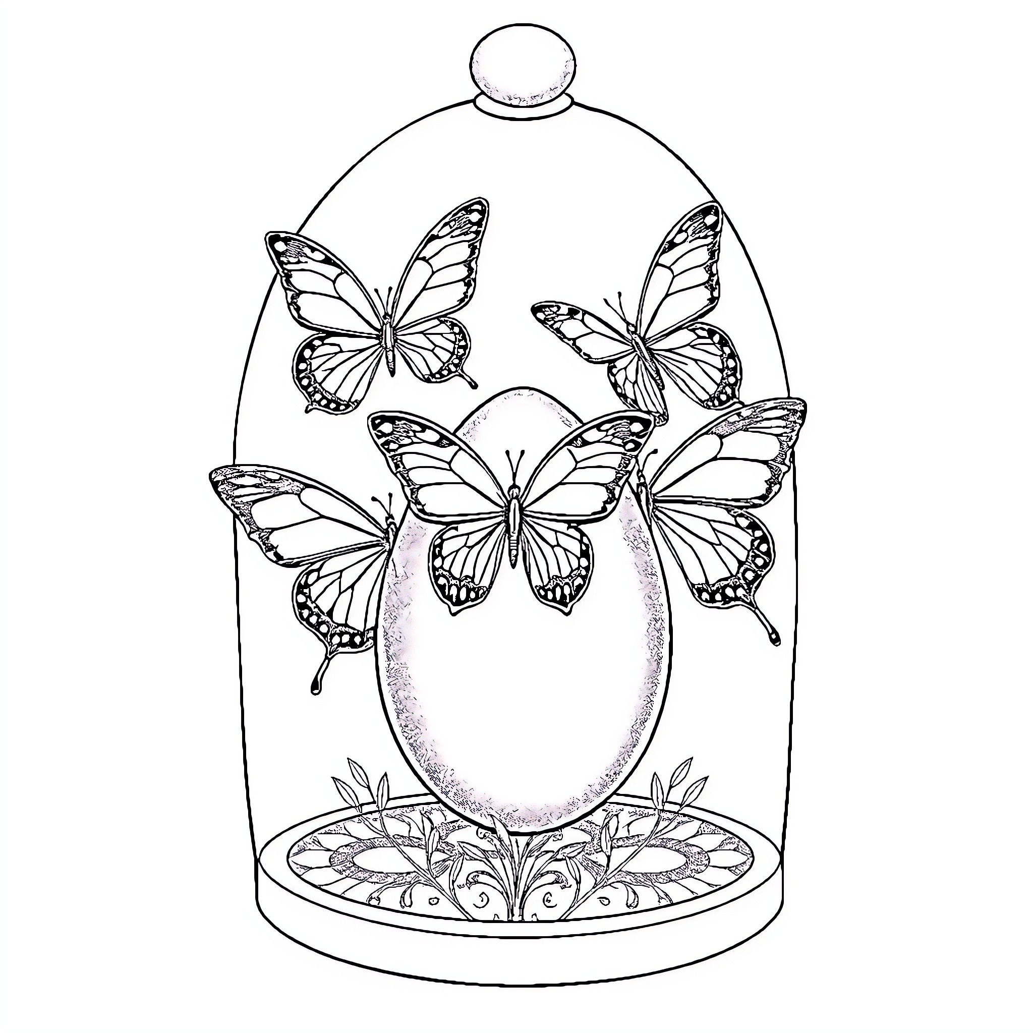 Butterflies encased in a glass dome Coloring Page (free black-and-white line drawing printable PDF for all, from beginners to advanced learners, including children, teens, adults, and seniors)