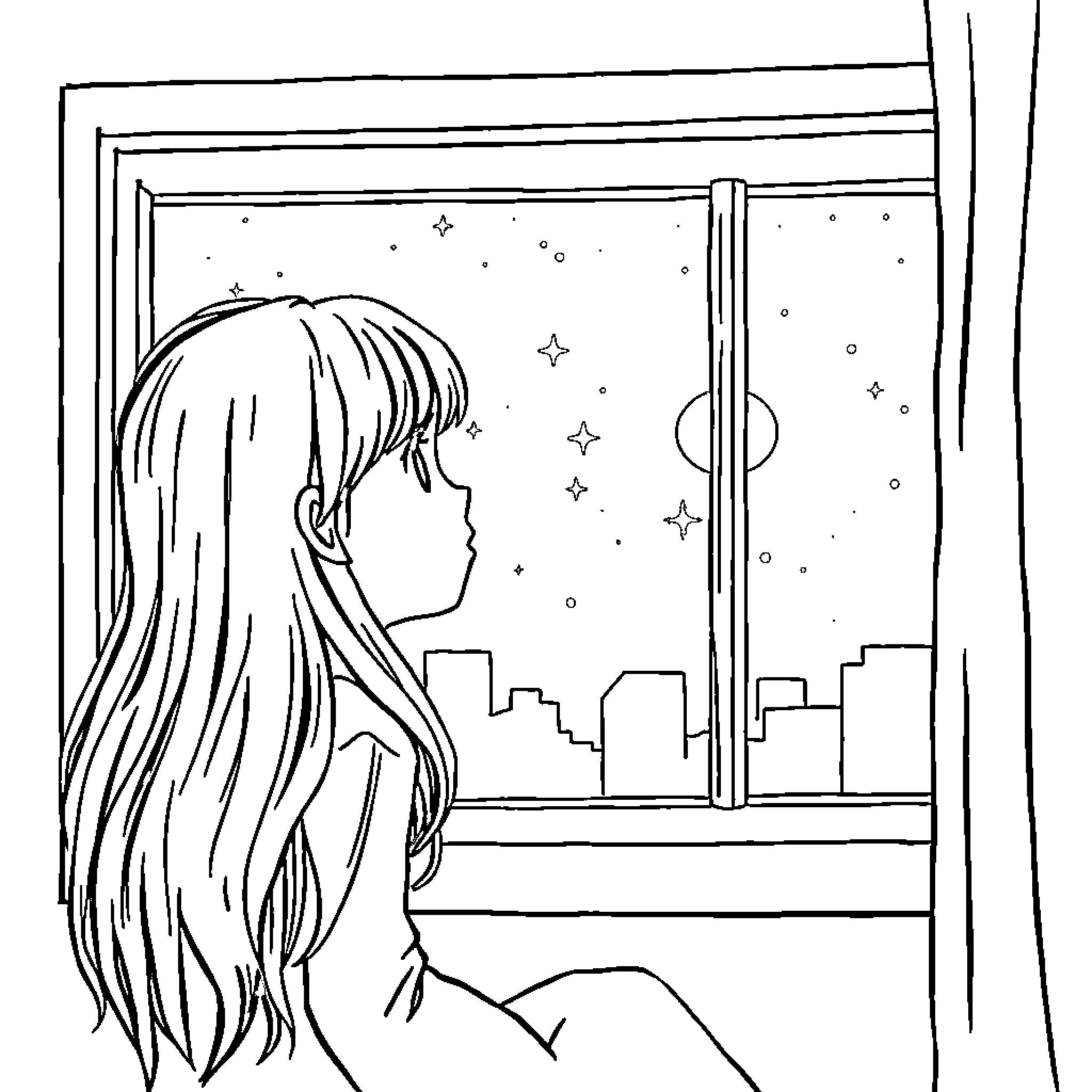 Girl looking out the window at the night sky Coloring Page (free black-and-white line drawing printable PDF for all, from beginners to advanced learners, including children, teens, adults, and seniors)