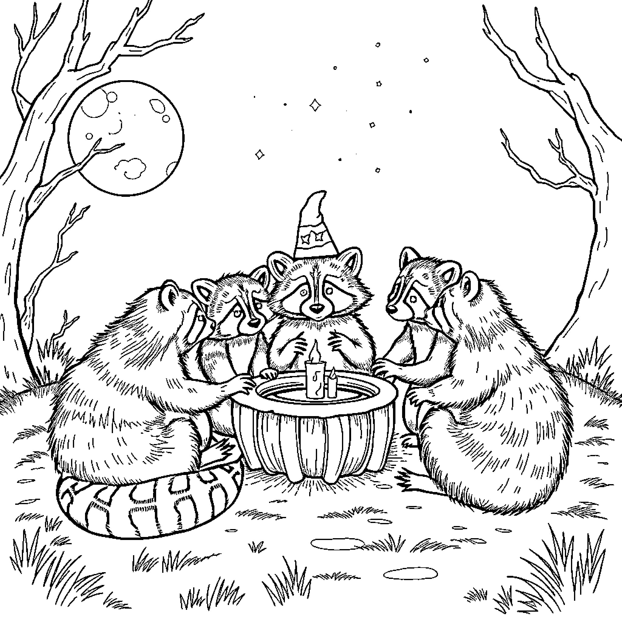 Raccoon friends enjoying a night under the stars Coloring Page (free black-and-white line drawing printable PDF for all, from beginners to advanced learners, including children, teens, adults, and seniors)