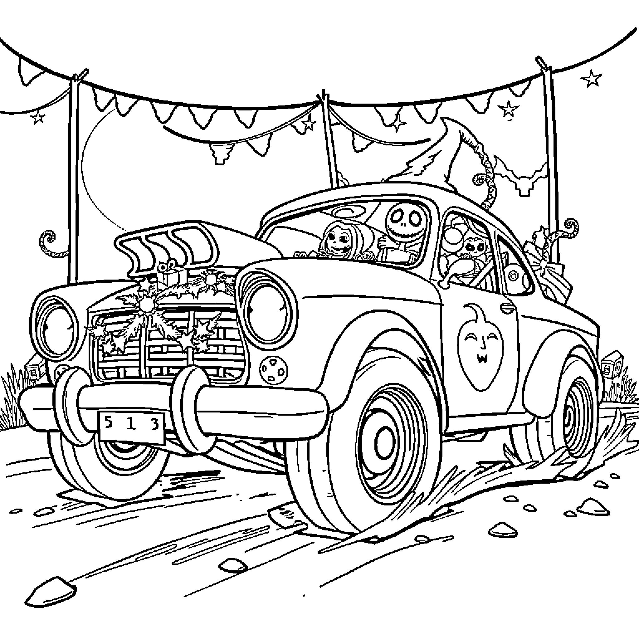 Car full of whimsical characters on a festive journey Coloring Page (free black-and-white line drawing printable PDF for all, from beginners to advanced learners, including children, teens, adults, and seniors)