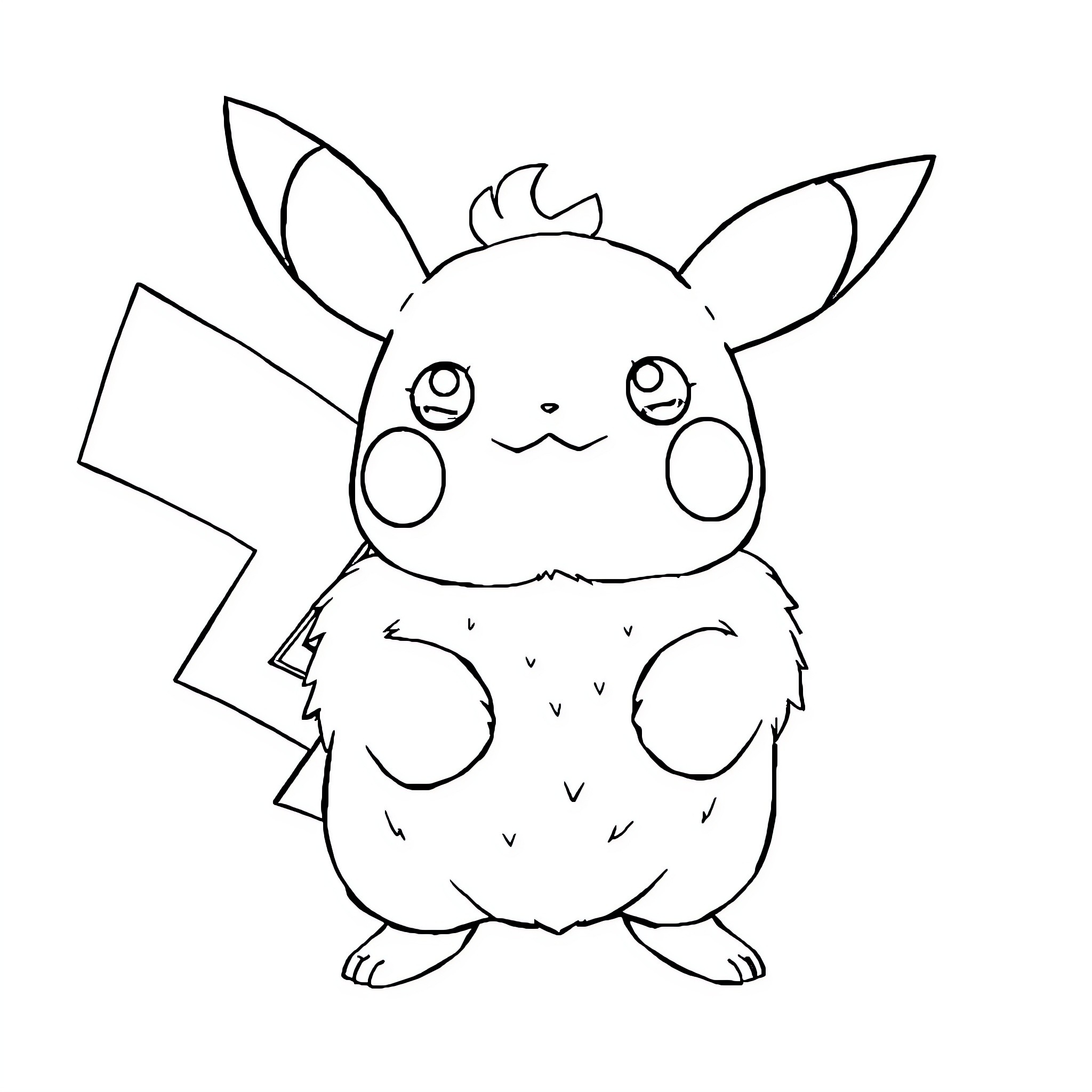 Pikachu in cute and fluffy appearance Coloring Page (free black-and-white line drawing printable PDF for all, from beginners to advanced learners, including children, teens, adults, and seniors)
