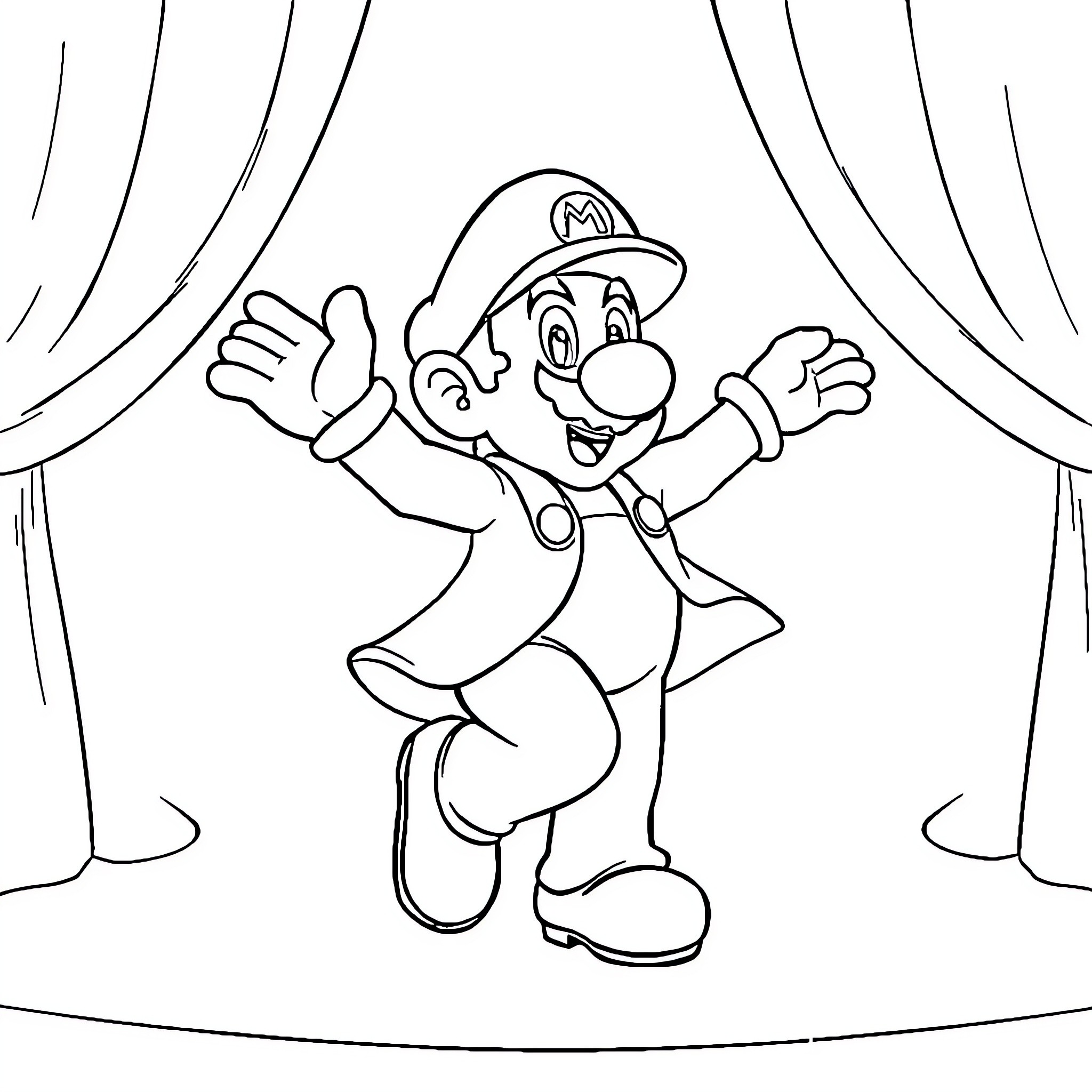 Mario performing on stage with excitement Coloring Page (free black-and-white line drawing printable PDF for all, from beginners to advanced learners, including children, teens, adults, and seniors)