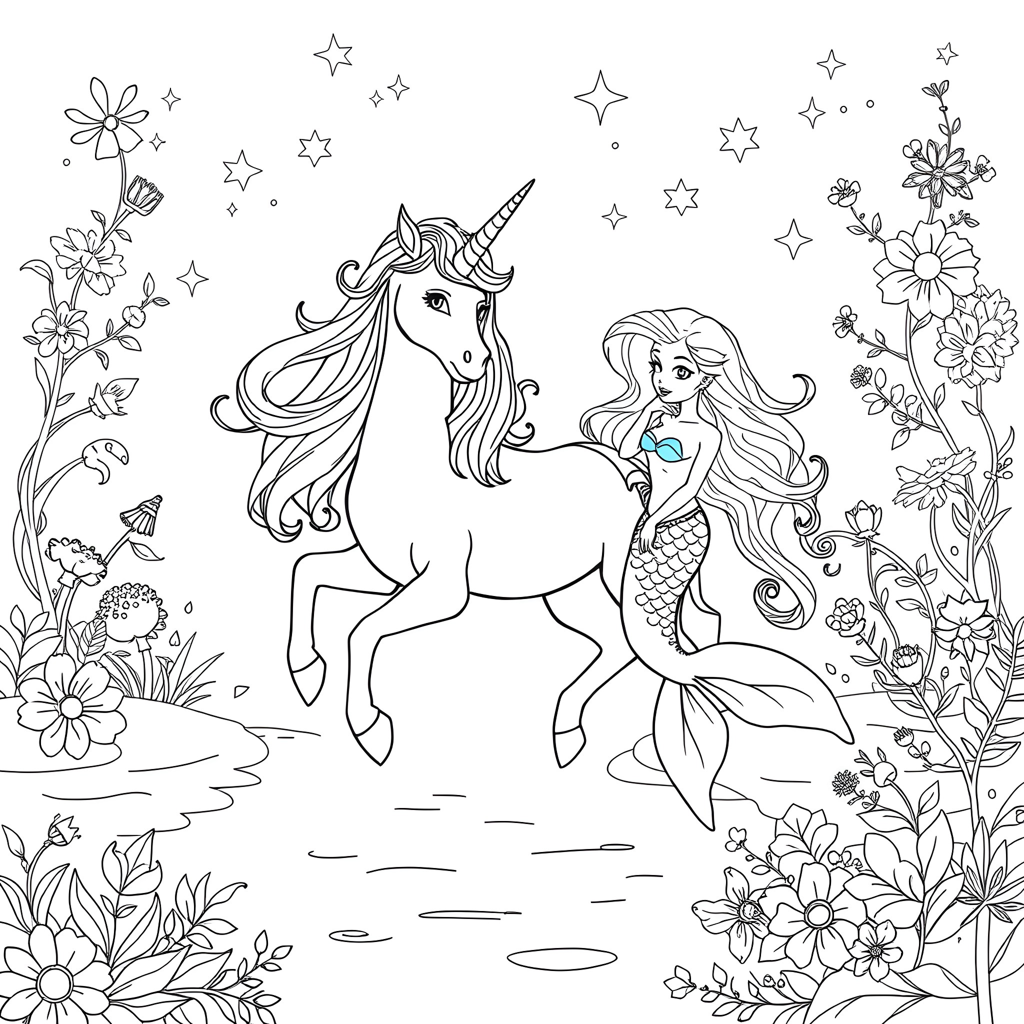 Unicorn and mermaid playing in a magical floral scene Coloring Page (free black-and-white line drawing printable PDF for all, from beginners to advanced learners, including children, teens, adults, and seniors)