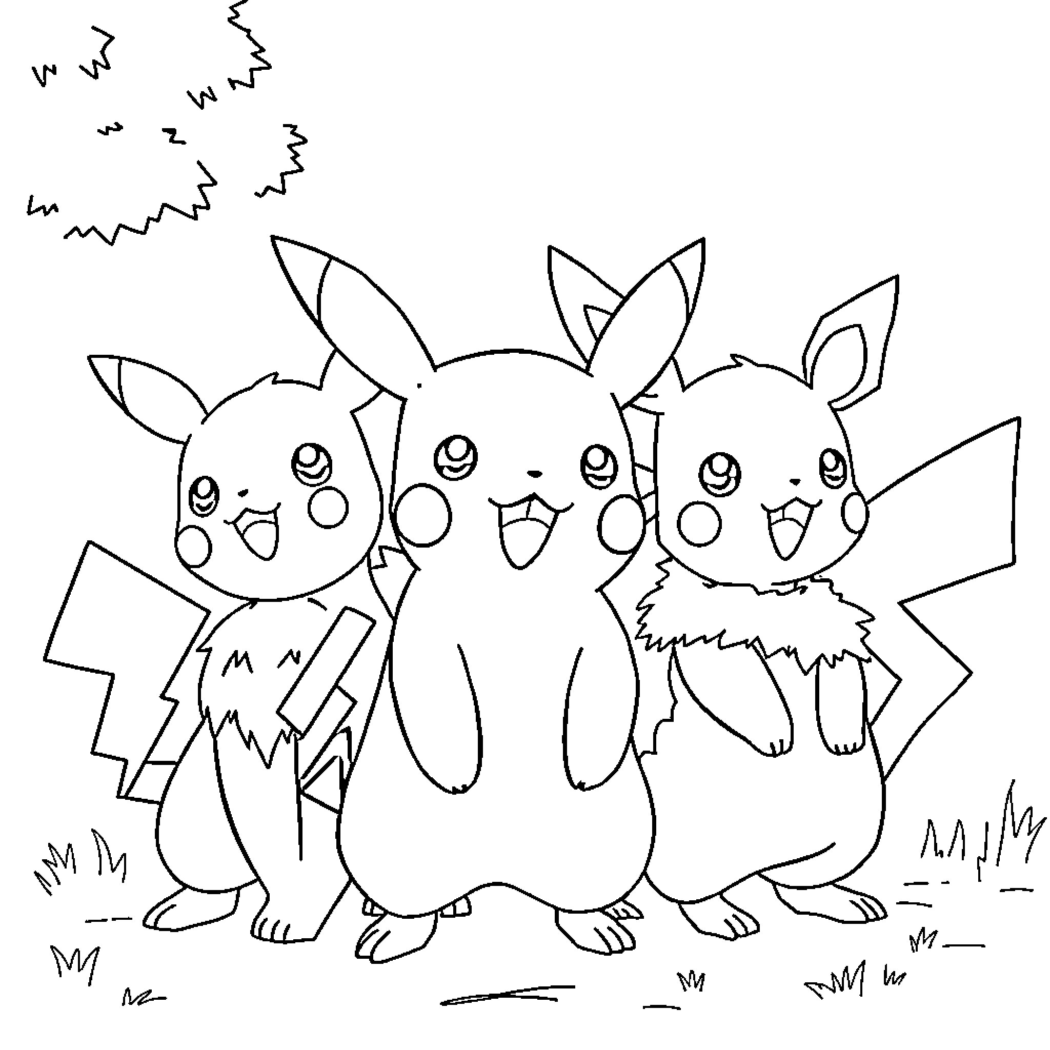 Pikachu and friends in a playful scene Coloring Page (free black-and-white line drawing printable PDF for all, from beginners to advanced learners, including children, teens, adults, and seniors)