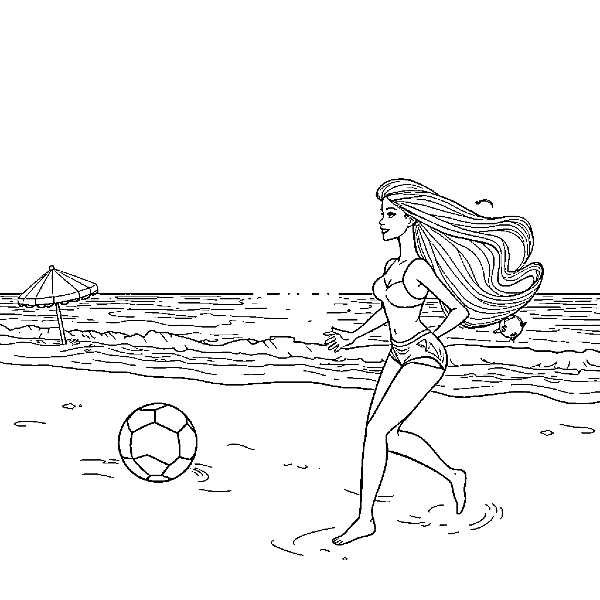 Barbie playing beach soccer Coloring Page (free black-and-white line drawing printable PDF for all, from beginners to advanced learners, including children, teens, adults, and seniors)