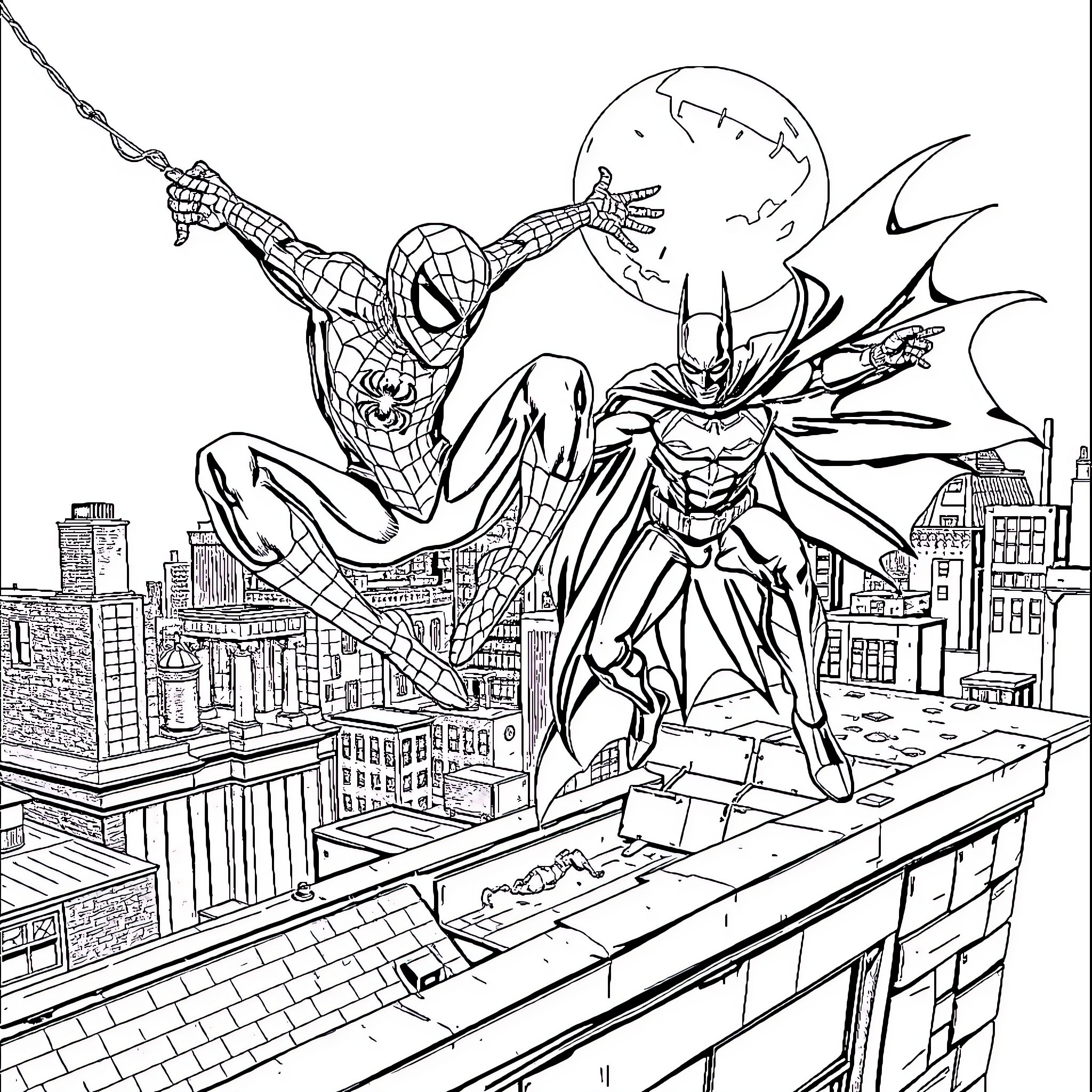 Spiderman and Batman heroically leap over city skyline Coloring Page (free black-and-white line drawing printable PDF for all, from beginners to advanced learners, including children, teens, adults, and seniors)