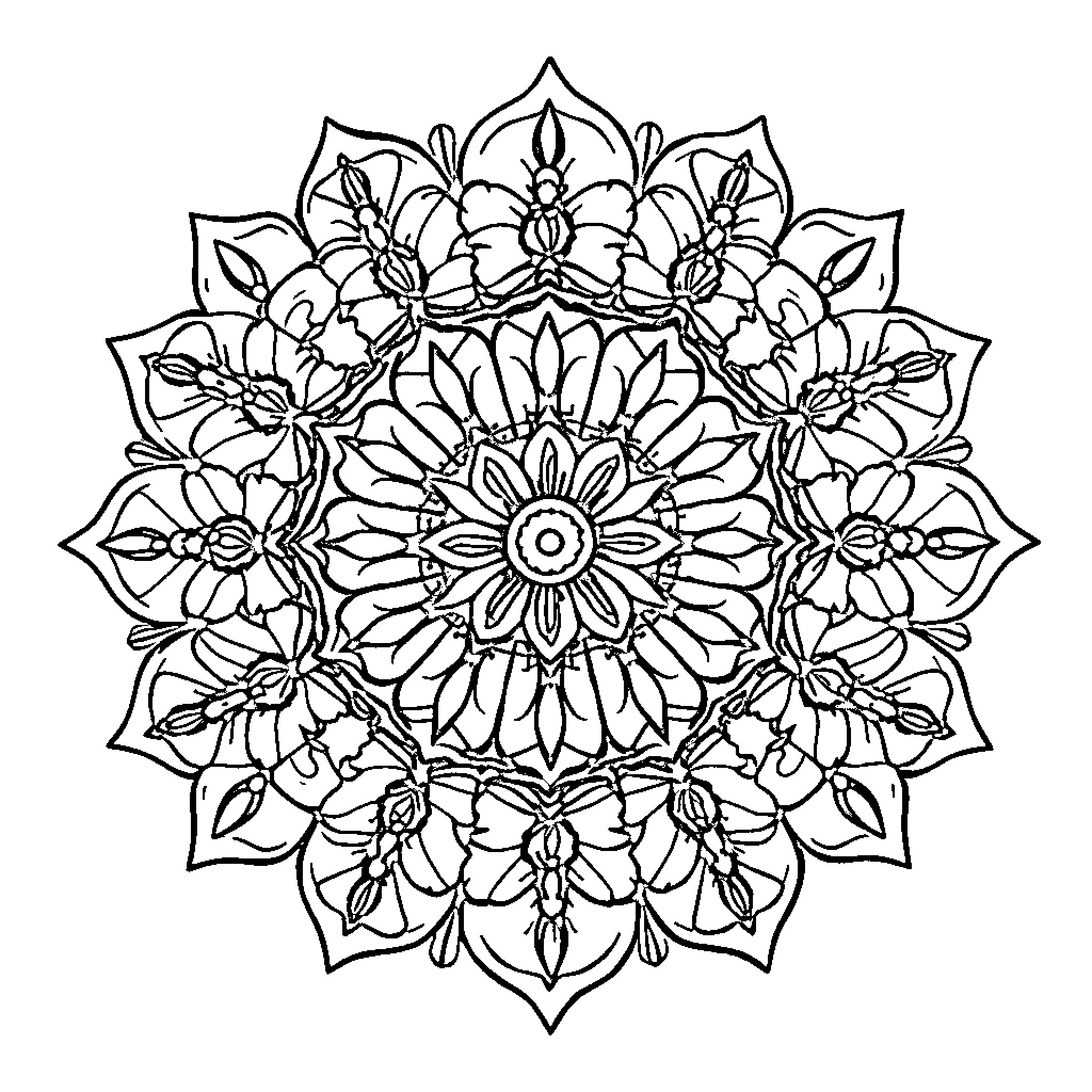 Mandala of intricate floral patterns Coloring Page (free black-and-white line drawing printable PDF for all, from beginners to advanced learners, including children, teens, adults, and seniors)
