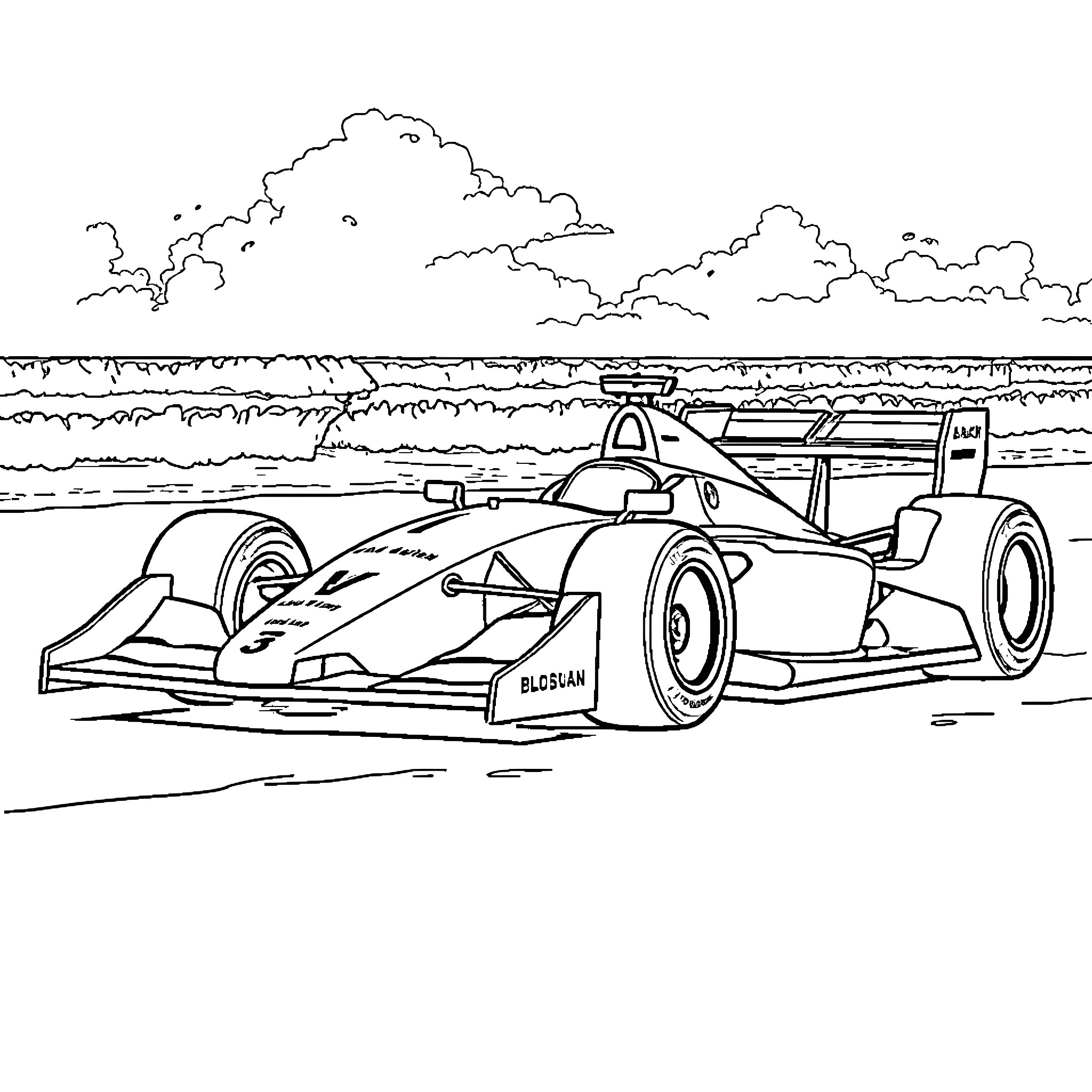 F1 Car racing on the track Coloring Page (free black-and-white line drawing printable PDF for all, from beginners to advanced learners, including children, teens, adults, and seniors)