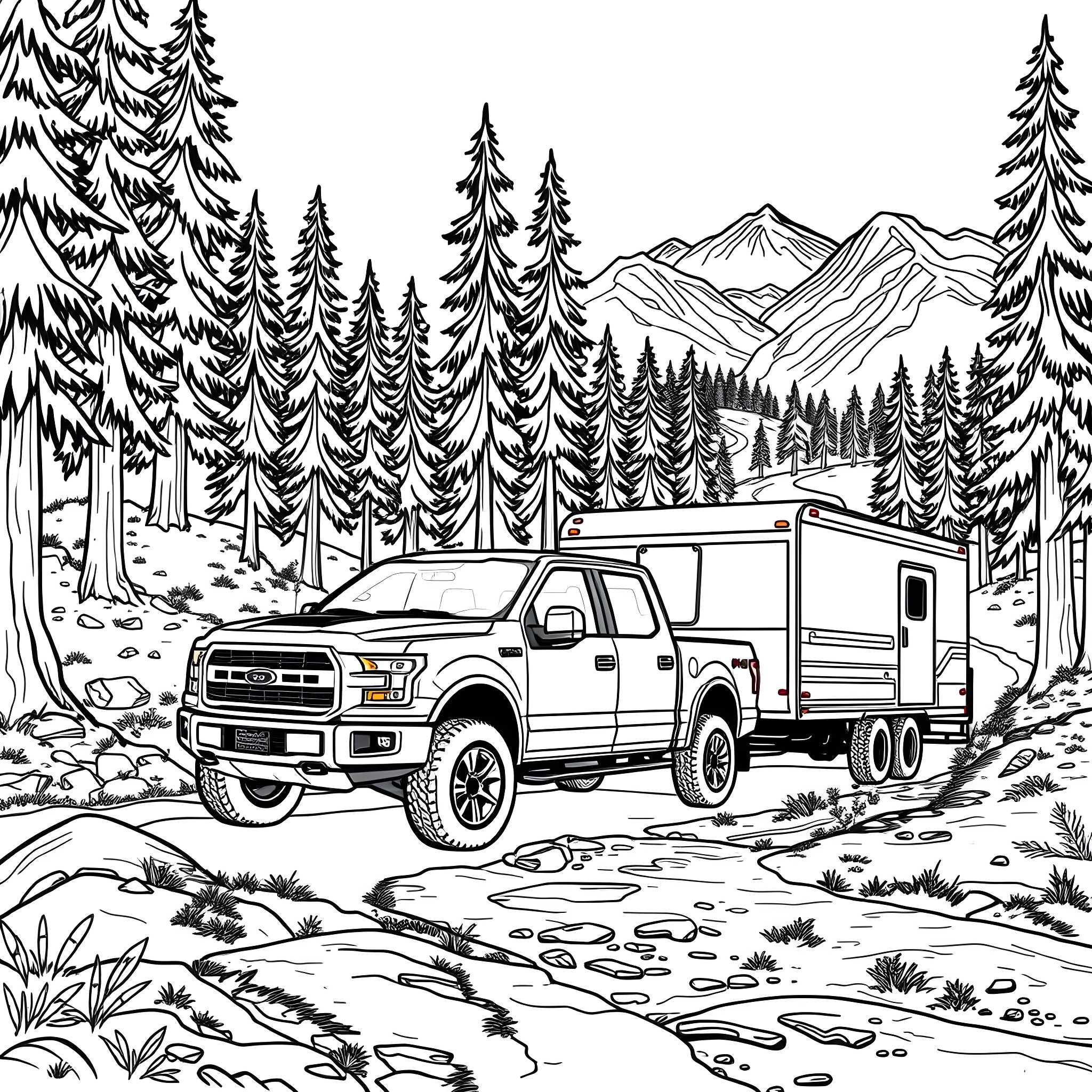 Pickup truck camping in the wilderness Coloring Page (free black-and-white line drawing printable PDF for all, from beginners to advanced learners, including children, teens, adults, and seniors)