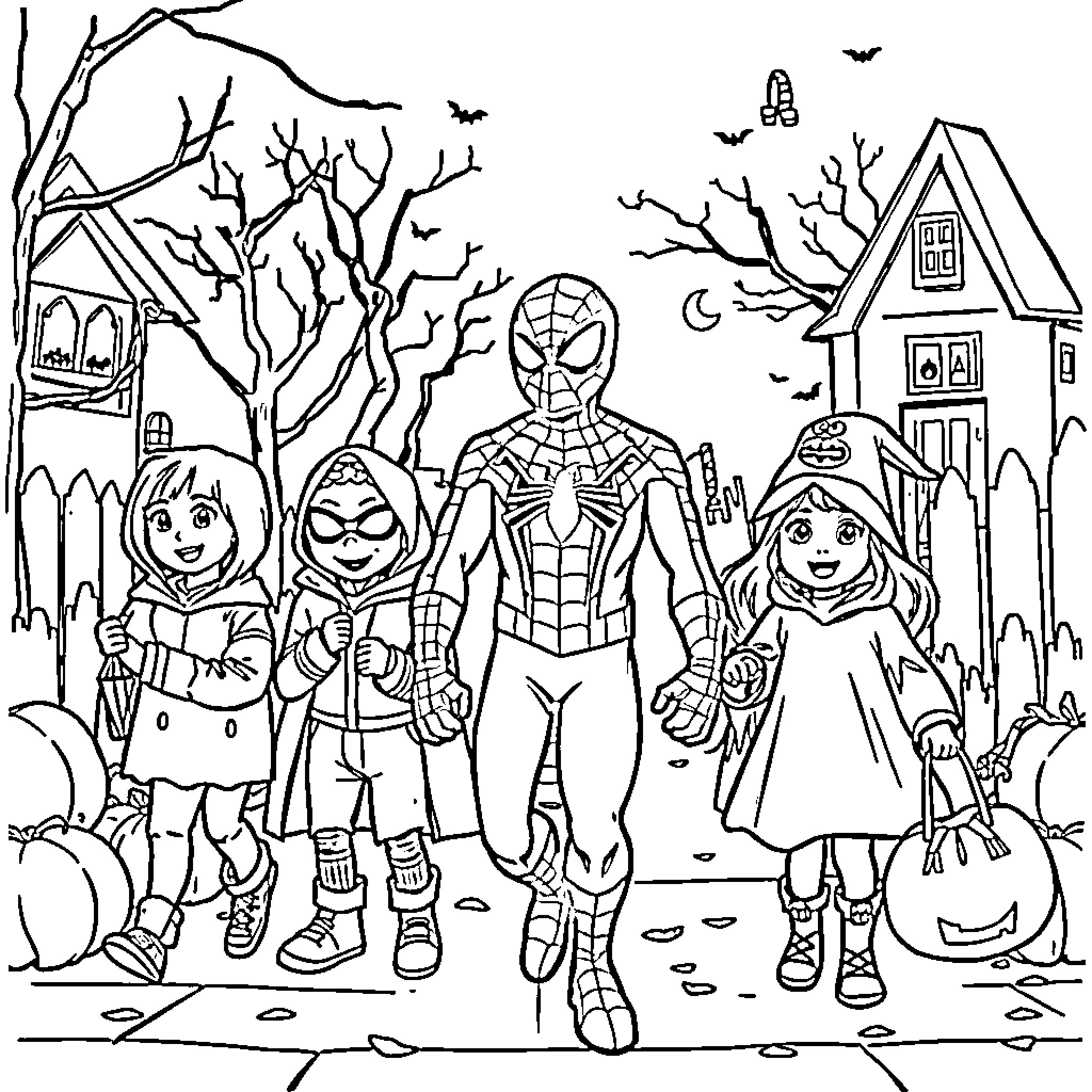 Spider-Man with Kids Trick-or-Treating on Halloween Coloring Page (free black-and-white line drawing printable PDF for all, from beginners to advanced learners, including children, teens, adults, and seniors)