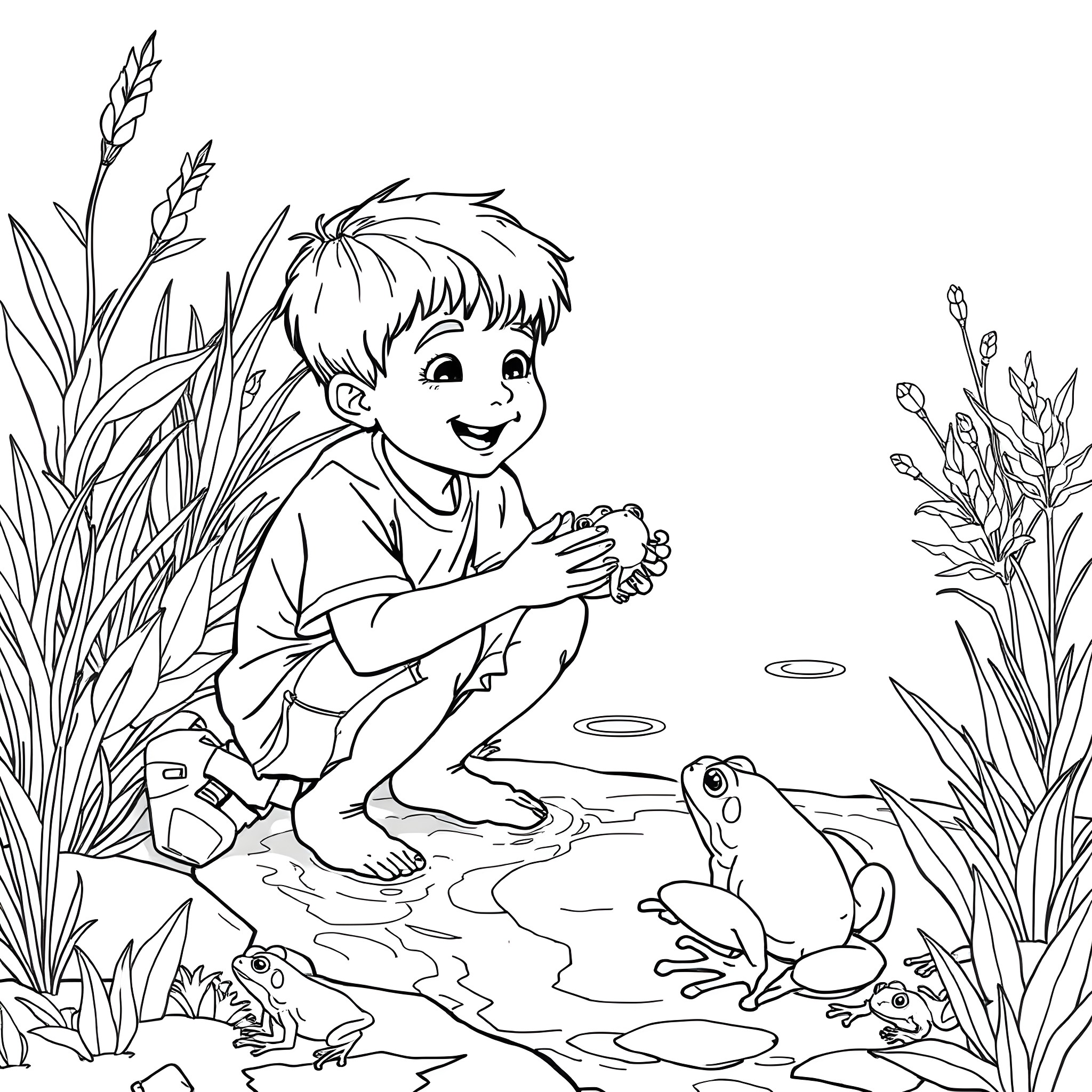 Boy playing happily with frogs in the pond Coloring Page (free black-and-white line drawing printable PDF for all, from beginners to advanced learners, including children, teens, adults, and seniors)