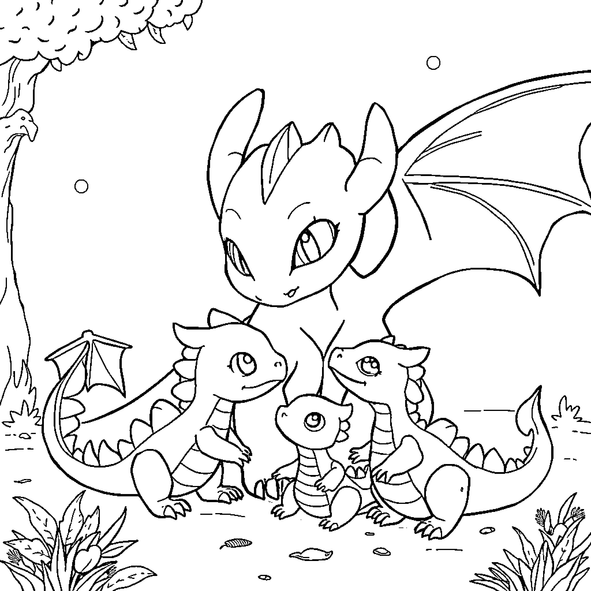 Toothless dragons playing happily in a magical forest Coloring Page (free black-and-white line drawing printable PDF for all, from beginners to advanced learners, including children, teens, adults, and seniors)
