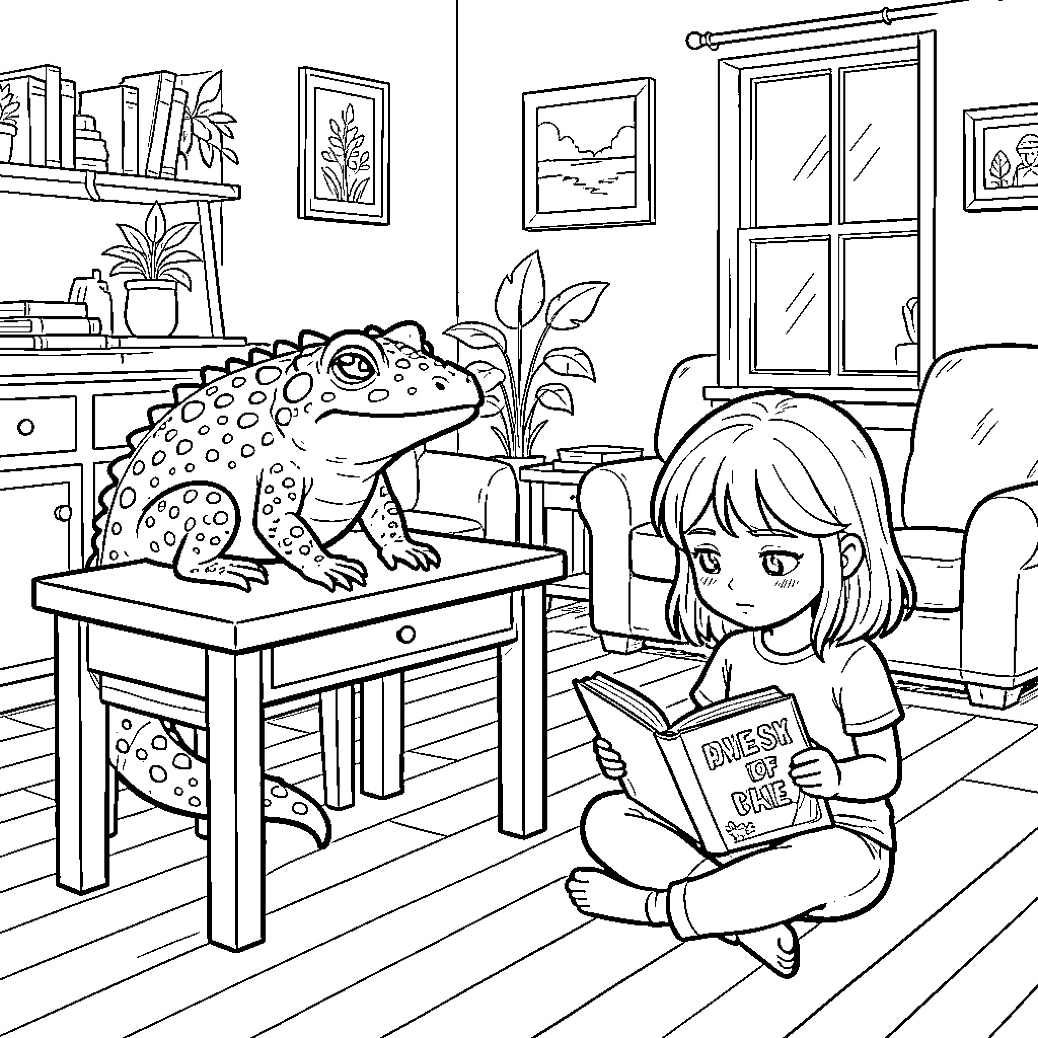 Ajolote helping a young girl explore the world through books Coloring Page (free black-and-white line drawing printable PDF for all, from beginners to advanced learners, including children, teens, adults, and seniors)