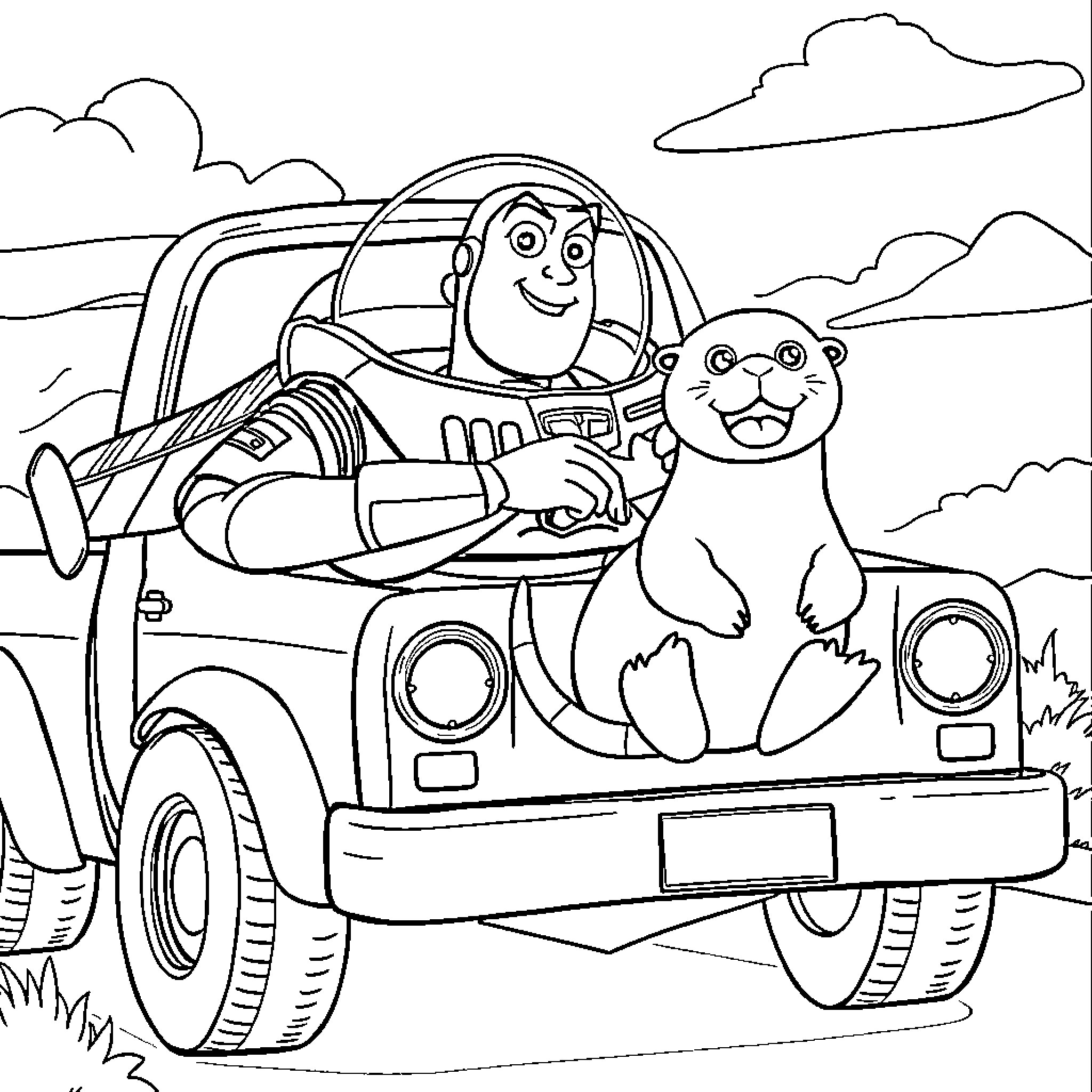 Buzz Lightyear's Adventure with Furry Companion Coloring Page (free black-and-white line drawing printable PDF for all, from beginners to advanced learners, including children, teens, adults, and seniors)