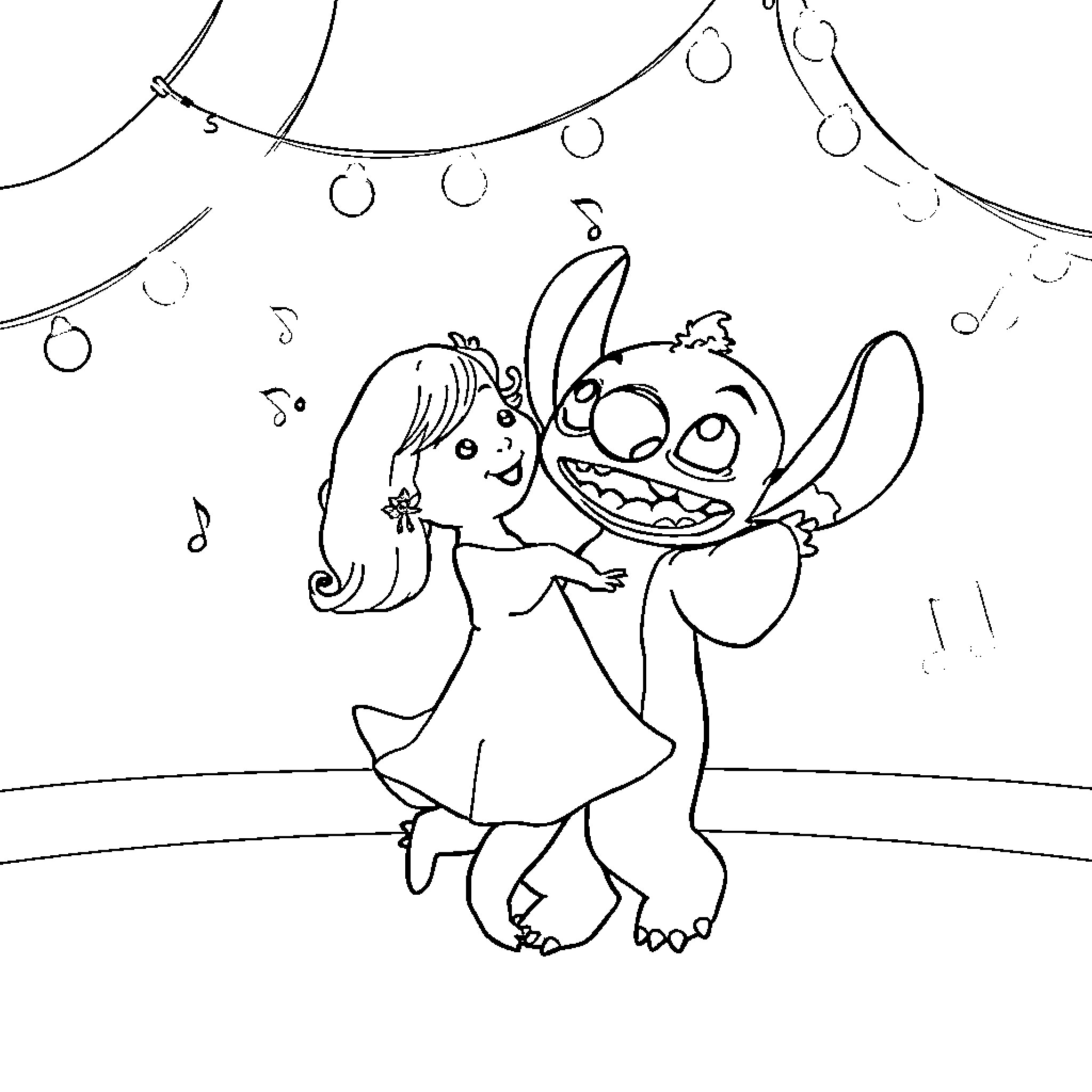 Evolie's Joyful Dance with Stitch Coloring Page (free black-and-white line drawing printable PDF for all, from beginners to advanced learners, including children, teens, adults, and seniors)