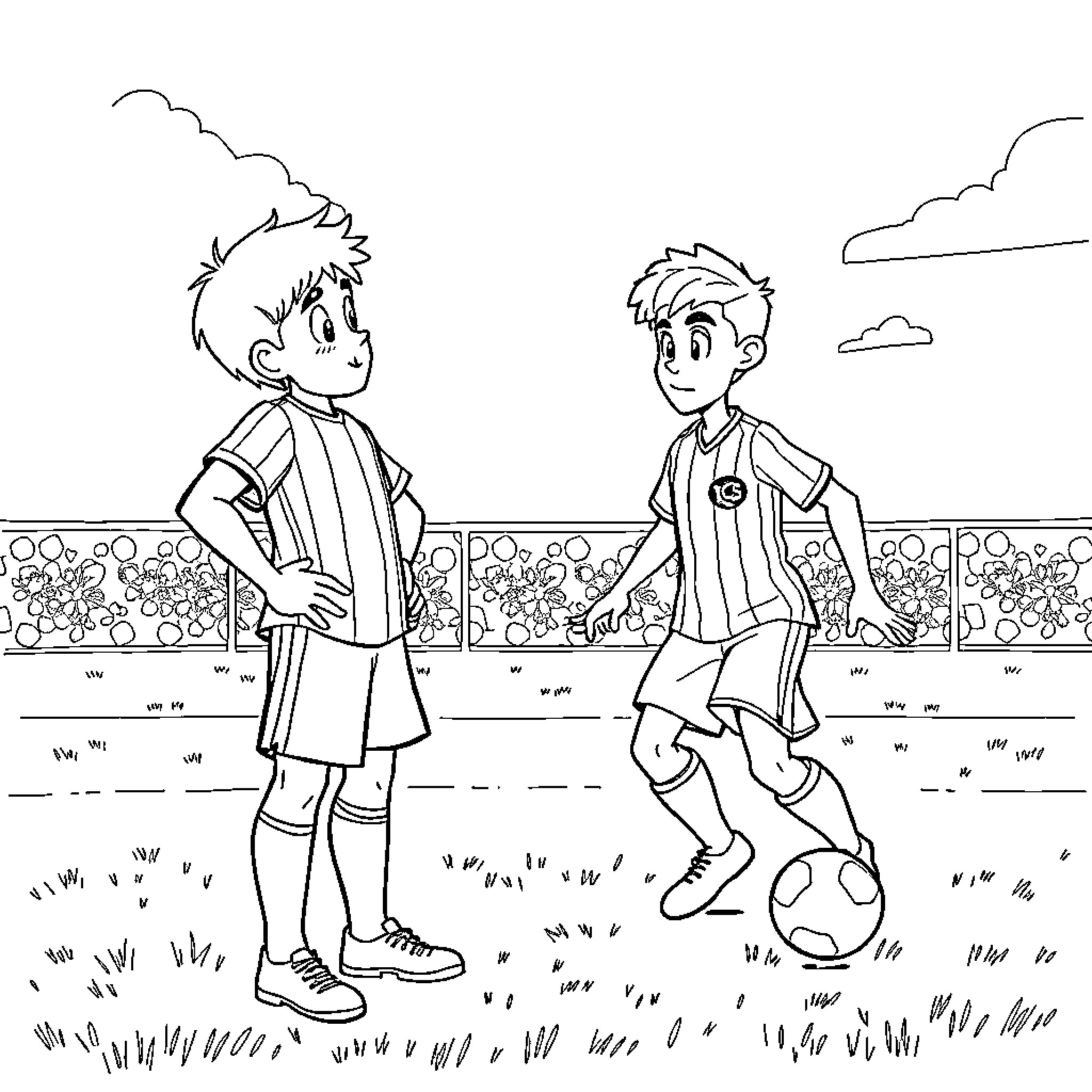 Jude and his friend playing soccer in the park Coloring Page (free black-and-white line drawing printable PDF for all, from beginners to advanced learners, including children, teens, adults, and seniors)