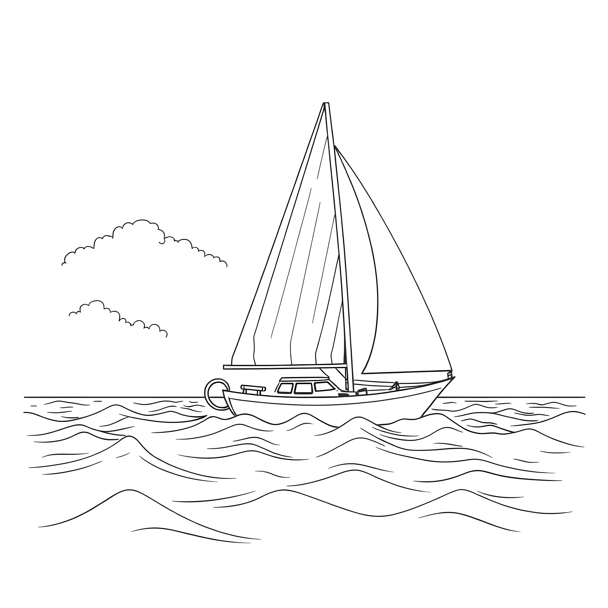 Sailboat sailing gracefully on the open waters Coloring Page (free black-and-white line drawing printable PDF for all, from beginners to advanced learners, including children, teens, adults, and seniors)