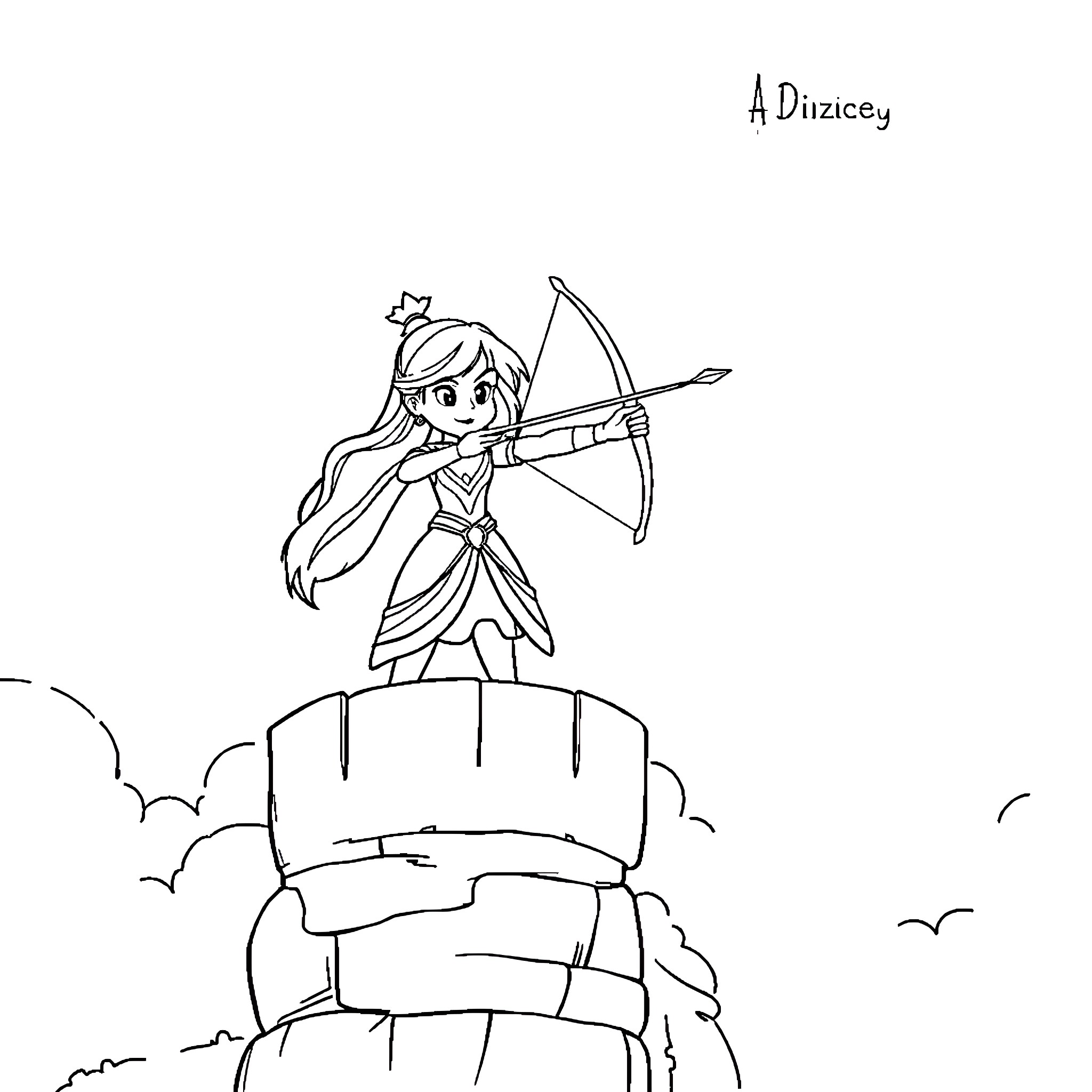 Princess Archer Aiming Her Bow Atop a Cliff Coloring Page (free black-and-white line drawing printable PDF for all, from beginners to advanced learners, including children, teens, adults, and seniors)