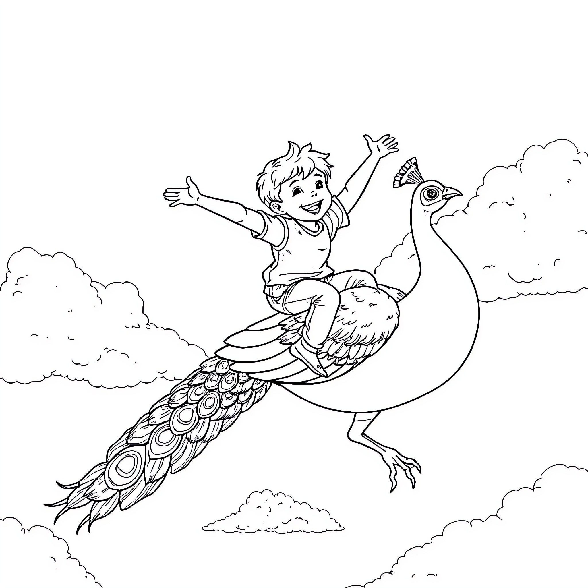 Boy riding a joyful peacock through the clouds Coloring Page (free black-and-white line drawing printable PDF for all, from beginners to advanced learners, including children, teens, adults, and seniors)