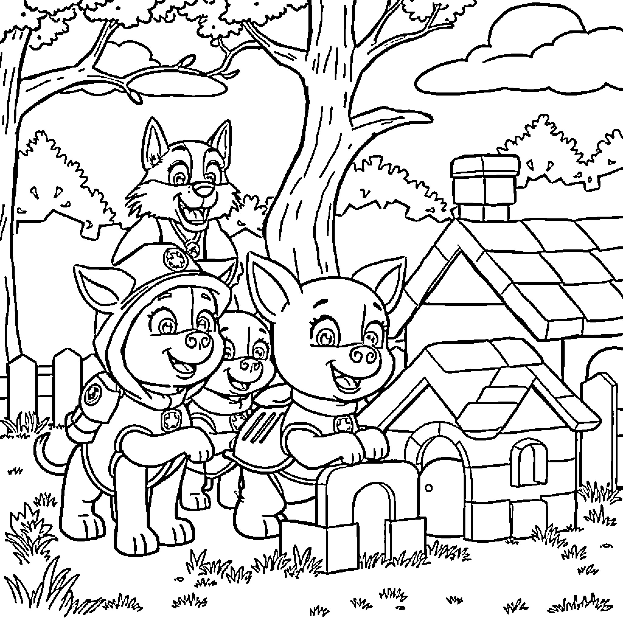 Paw Patrol Pups Playing in the Park Coloring Page (free black-and-white line drawing printable PDF for all, from beginners to advanced learners, including children, teens, adults, and seniors)