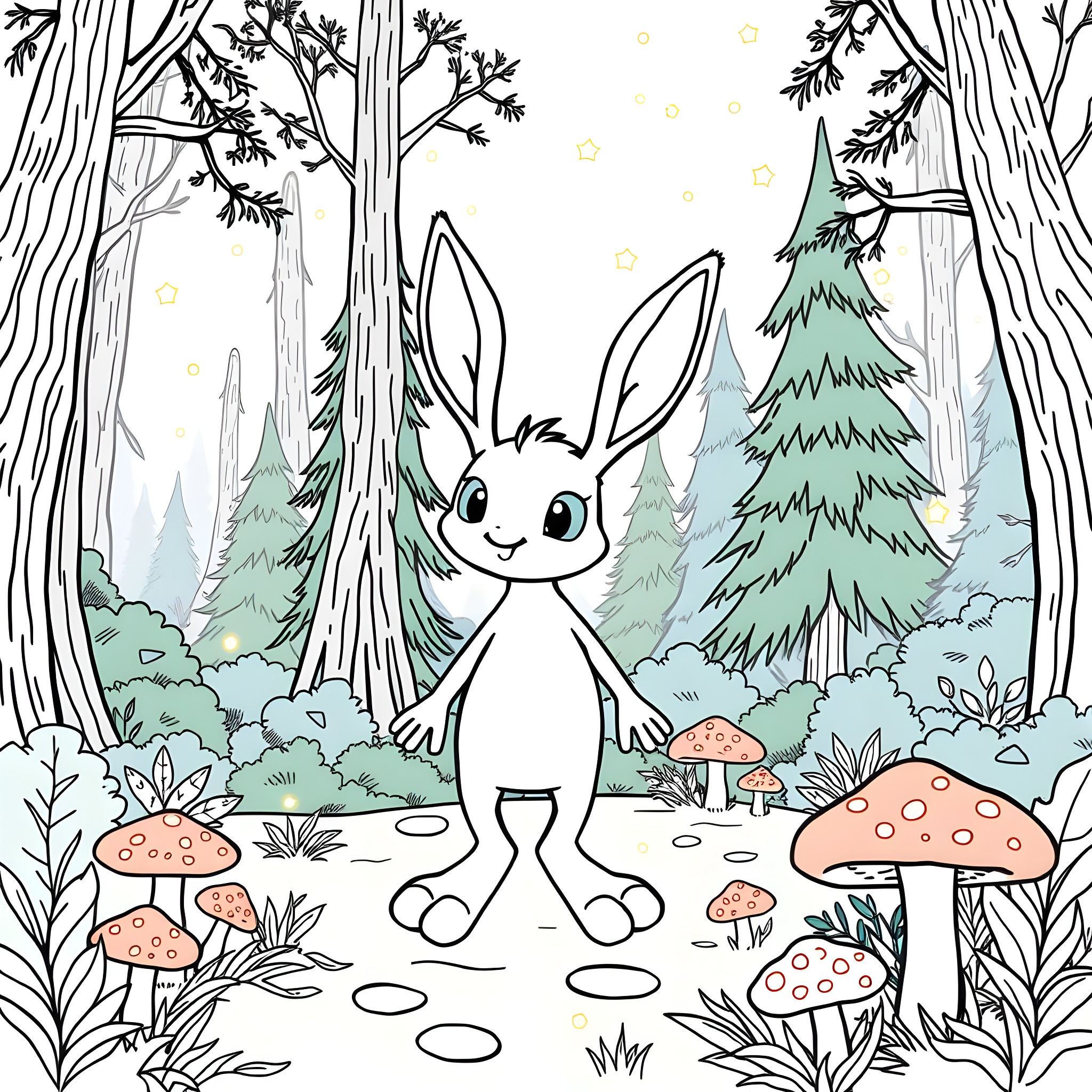 Sprunki Oren's Enchanted Forest Rabbit Adventure Coloring Page (free black-and-white line drawing printable PDF for all, from beginners to advanced learners, including children, teens, adults, and seniors)