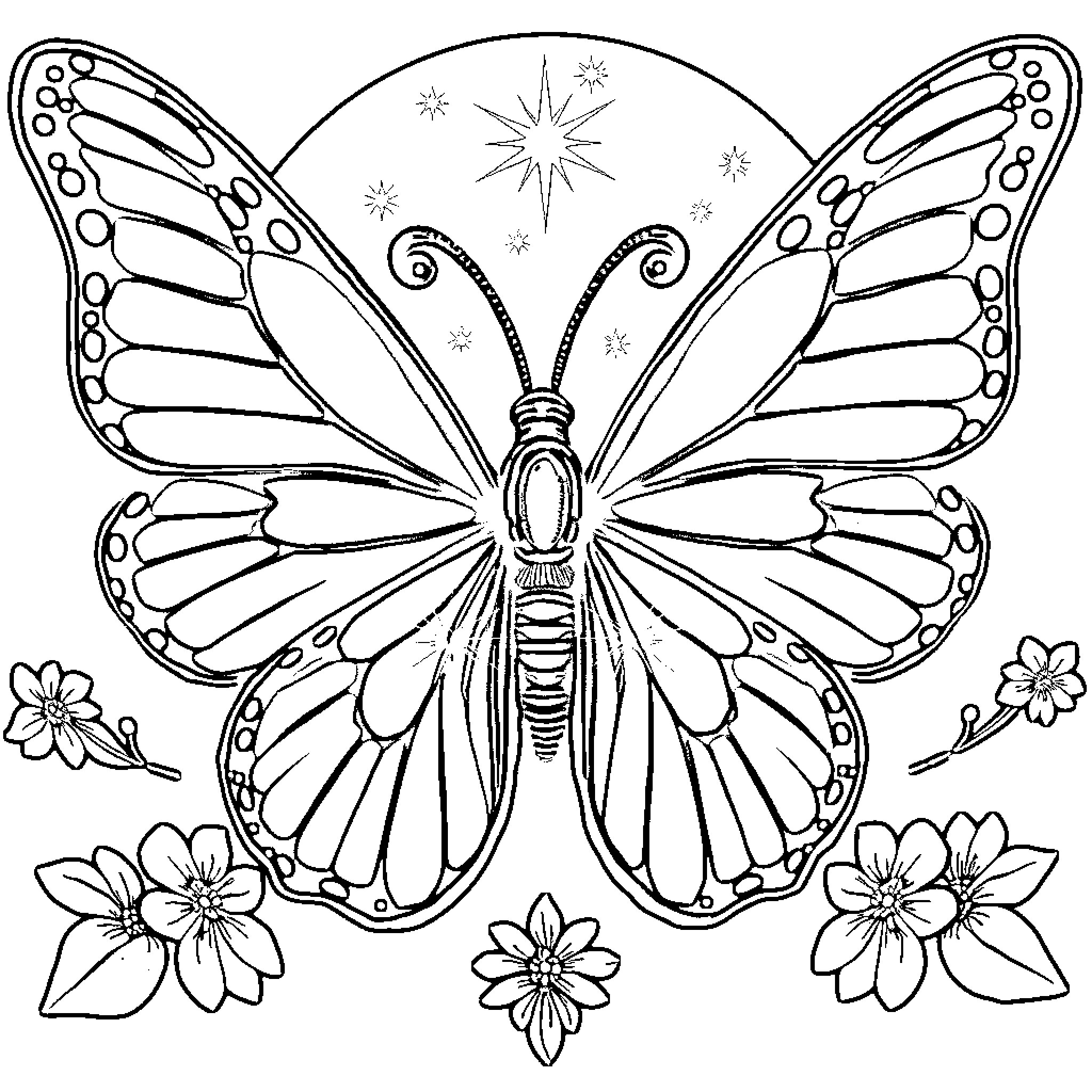 Eye-catching Butterfly Amidst Blooming Flowers Coloring Page (free black-and-white line drawing printable PDF for all, from beginners to advanced learners, including children, teens, adults, and seniors)
